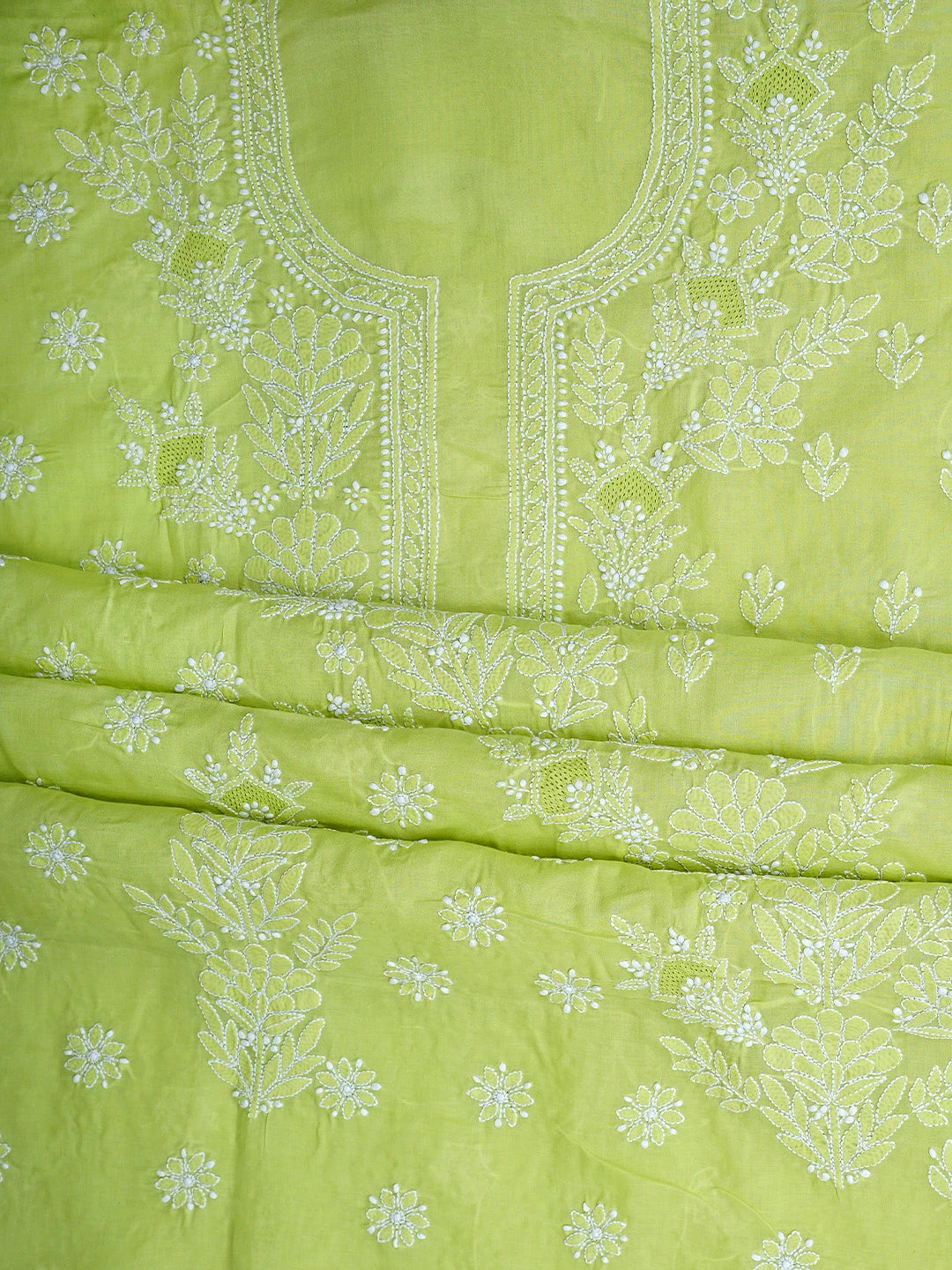 Ada Hand Embroidered Lime Green Cotton Lucknowi Chikankari Unstitched Suit Piece 01A954459