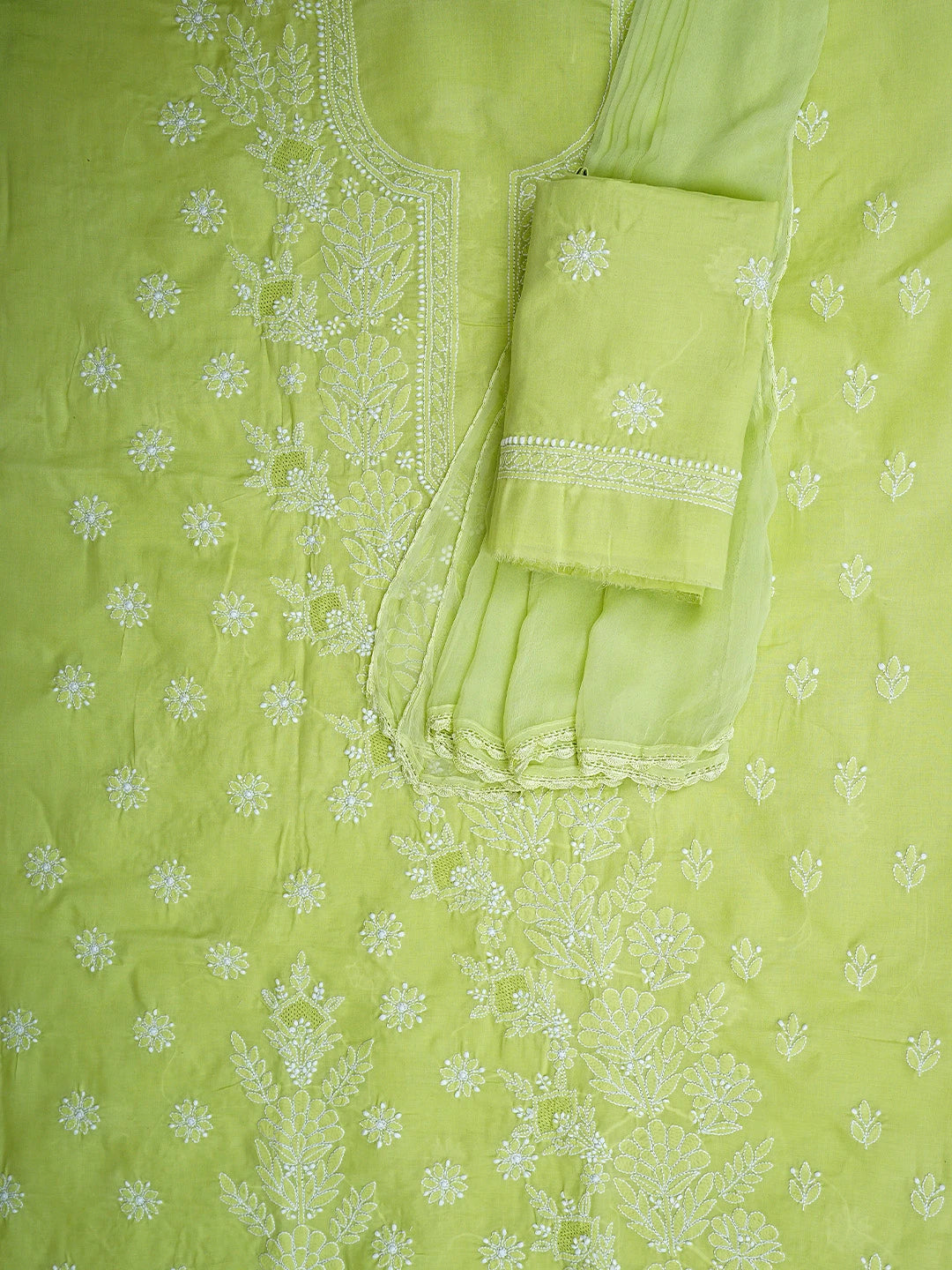 Ada Hand Embroidered Lime Green Cotton Lucknowi Chikankari Unstitched Suit Piece 01A954459