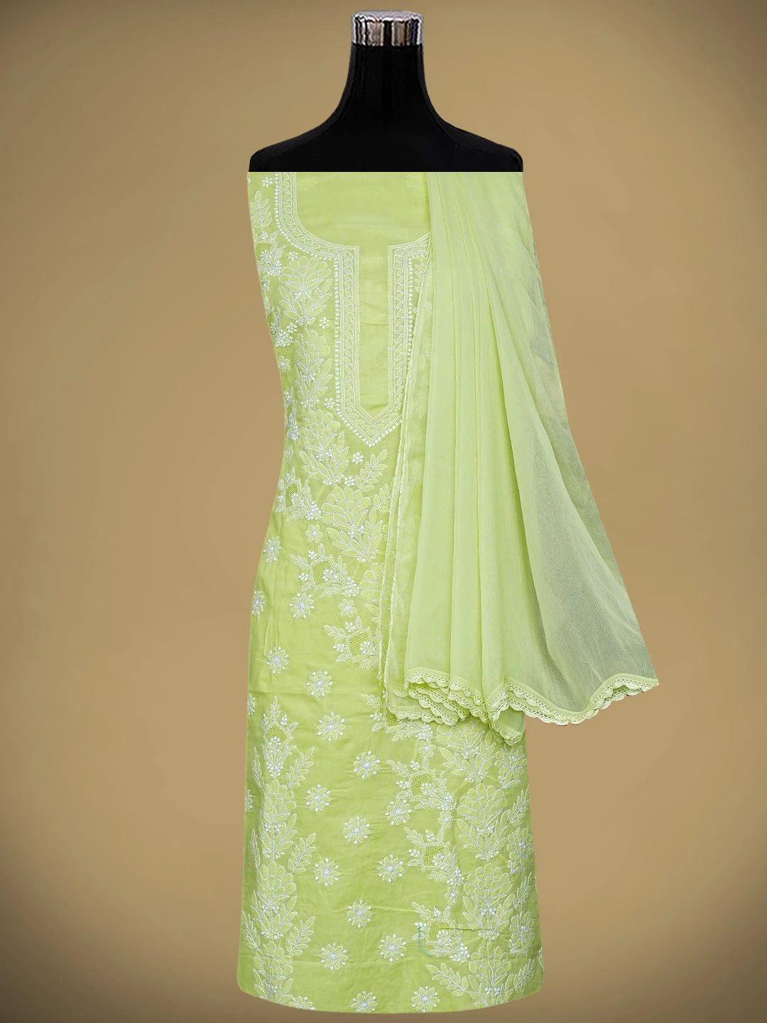 Ada Hand Embroidered Lime Green Cotton Lucknowi Chikankari Unstitched Suit Piece 01A954459
