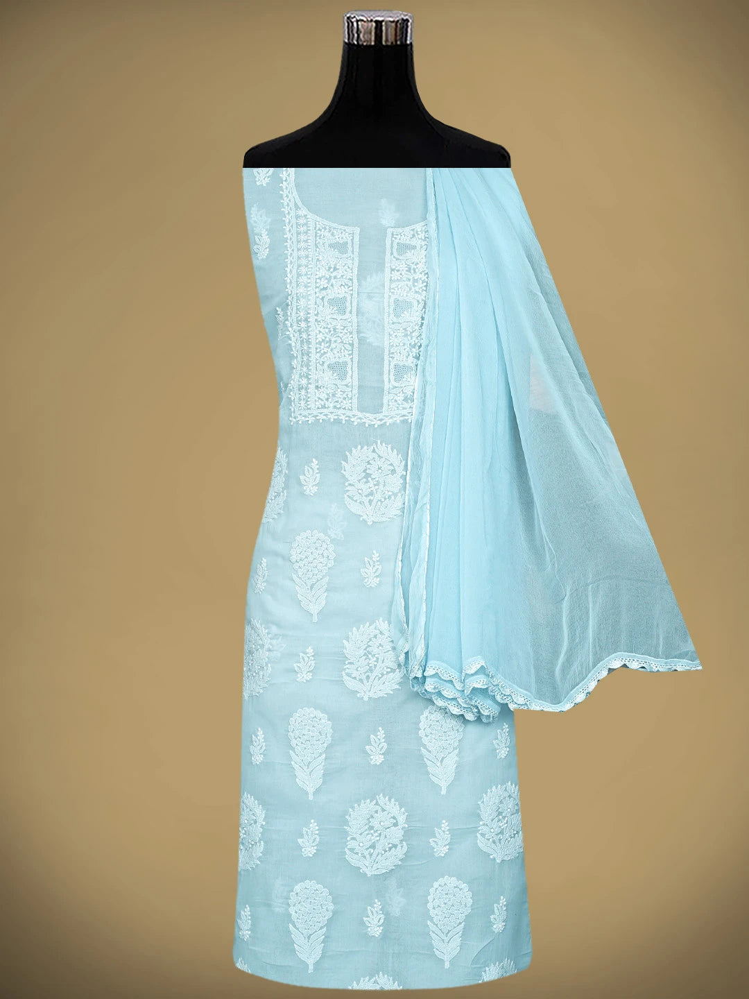 Ada Hand Embroidered Sky Blue Cotton Lucknowi Chikankari Unstitched Suit Piece 01A954442