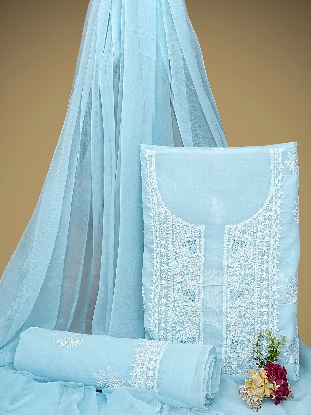 Ada Hand Embroidered Sky Blue Cotton Lucknowi Chikankari Unstitched Suit Piece 01A954442