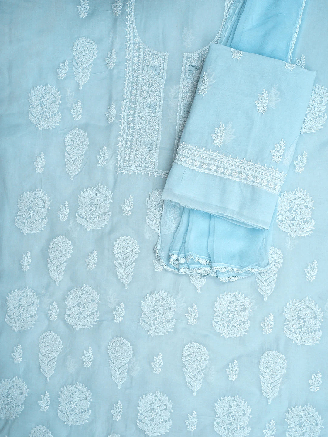 Ada Hand Embroidered Sky Blue Cotton Lucknowi Chikankari Unstitched Suit Piece 01A954442