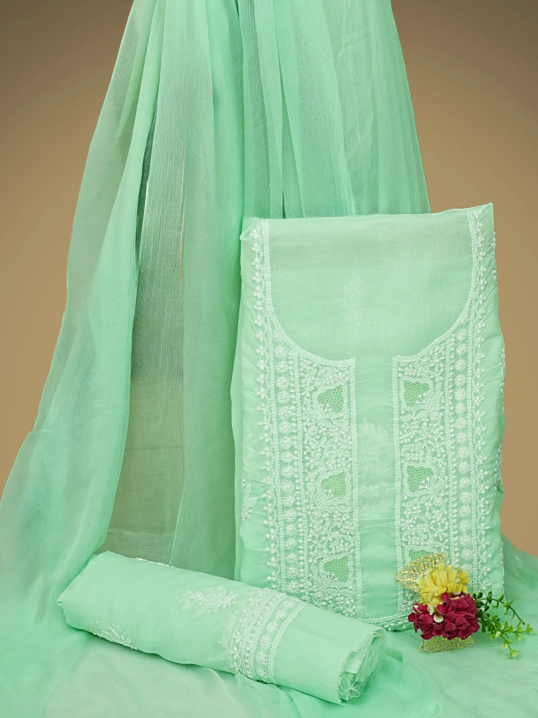 Ada Hand Embroidered Sea Green Cotton Lucknowi Chikankari Unstitched Suit Piece 01A954437