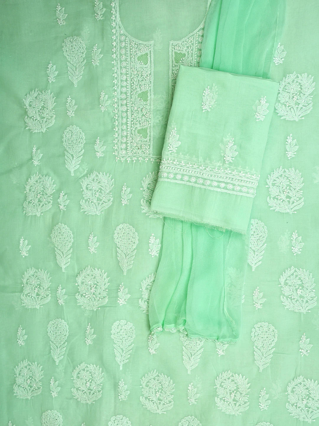 Ada Hand Embroidered Sea Green Cotton Lucknowi Chikankari Unstitched Suit Piece 01A954437