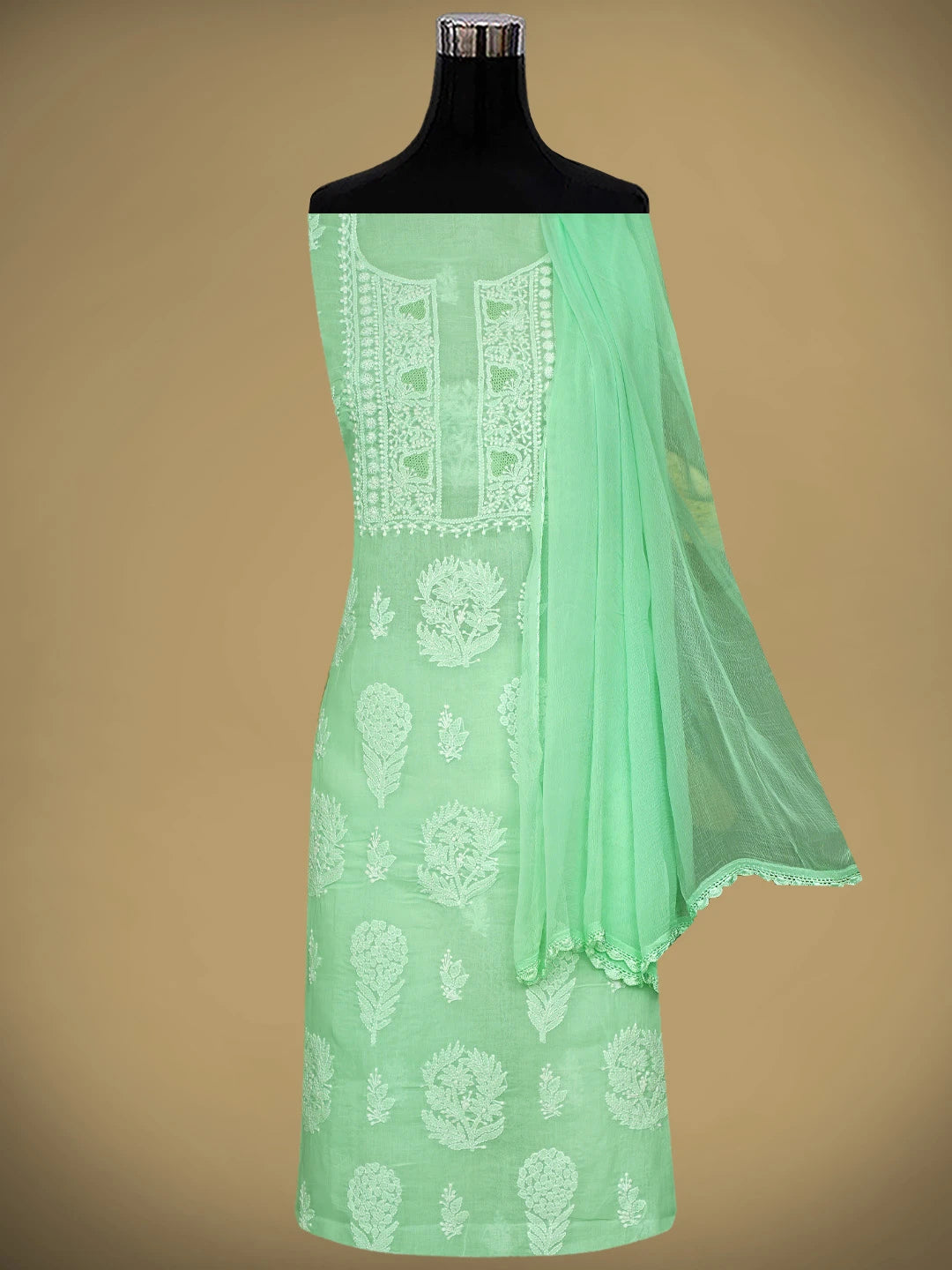 Ada Hand Embroidered Sea Green Cotton Lucknowi Chikankari Unstitched Suit Piece 01A954437