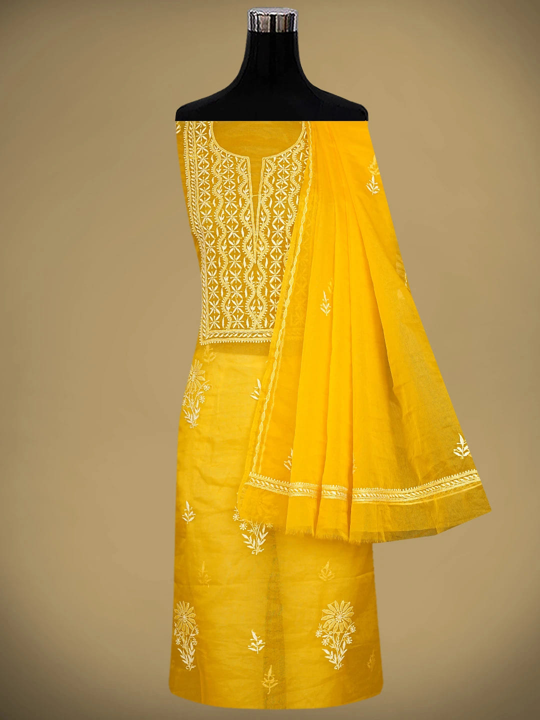 Ada Hand Embroidered Yellow Organza Lucknowi Chikankari Unstitched Kurta Dupatta Set 01A810550