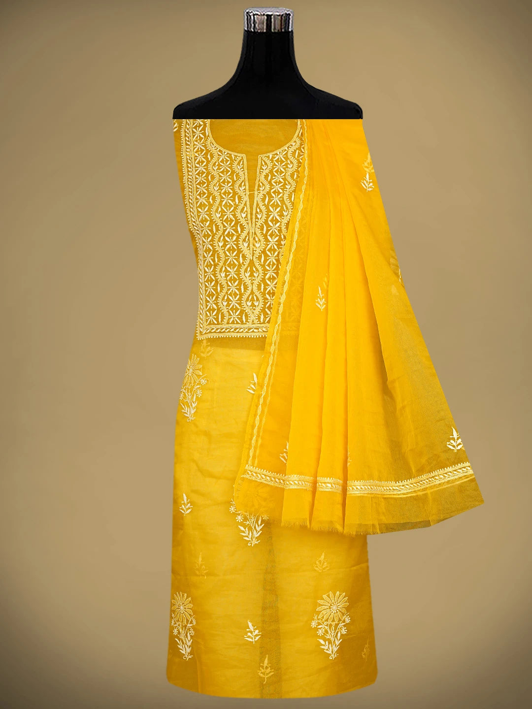 Ada Hand Embroidered Yellow Organza Lucknowi Chikankari Unstitched Kurta Dupatta Set 01A810550
