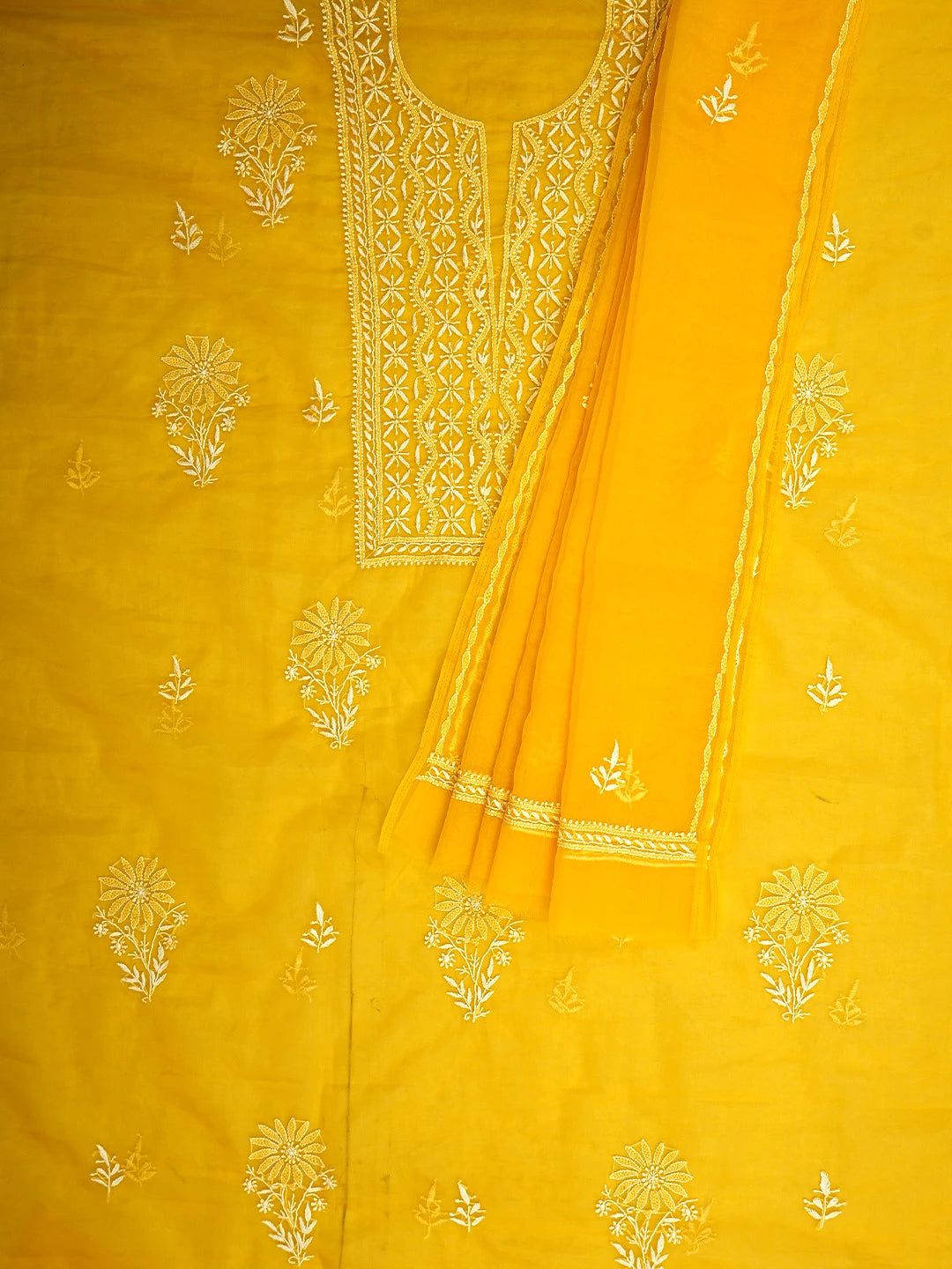 Ada Hand Embroidered Yellow Organza Lucknowi Chikankari Unstitched Kurta Dupatta Set 01A810550