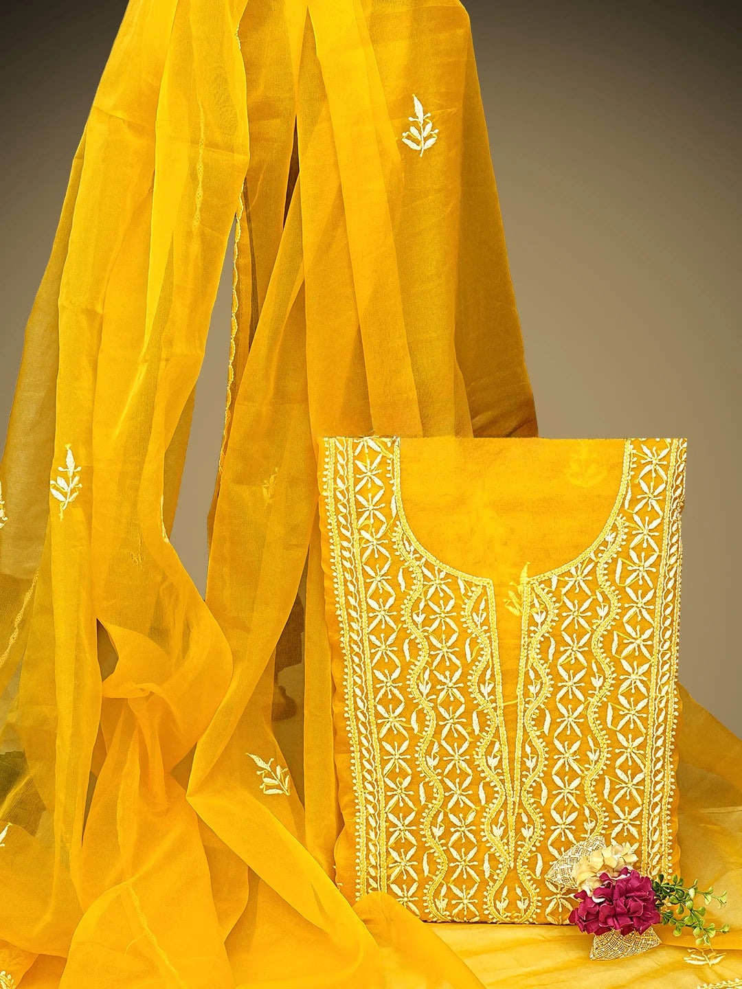 Ada Hand Embroidered Yellow Organza Lucknowi Chikankari Unstitched Kurta Dupatta Set 01A810550