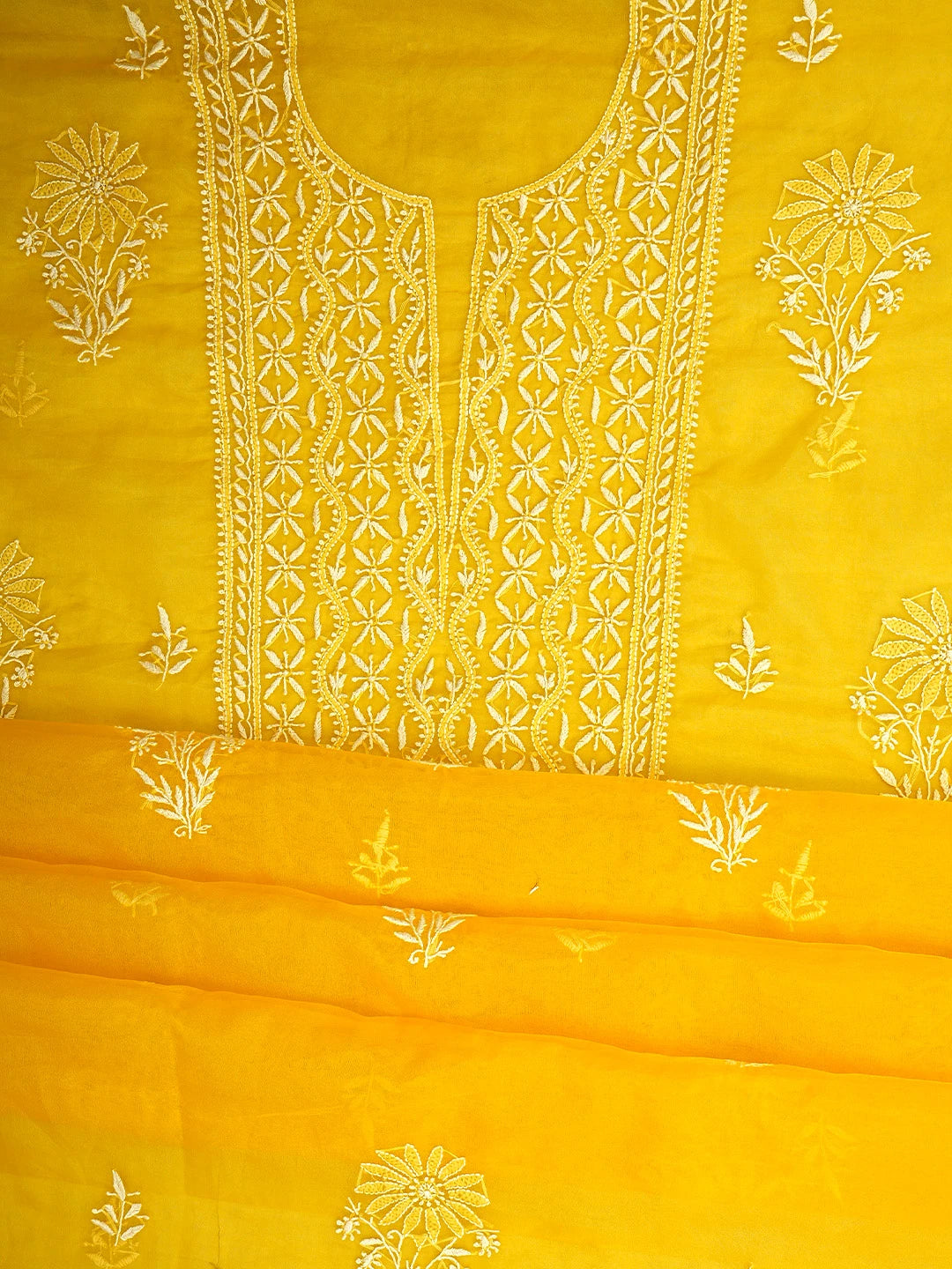 Ada Hand Embroidered Yellow Organza Lucknowi Chikankari Unstitched Kurta Dupatta Set 01A810550