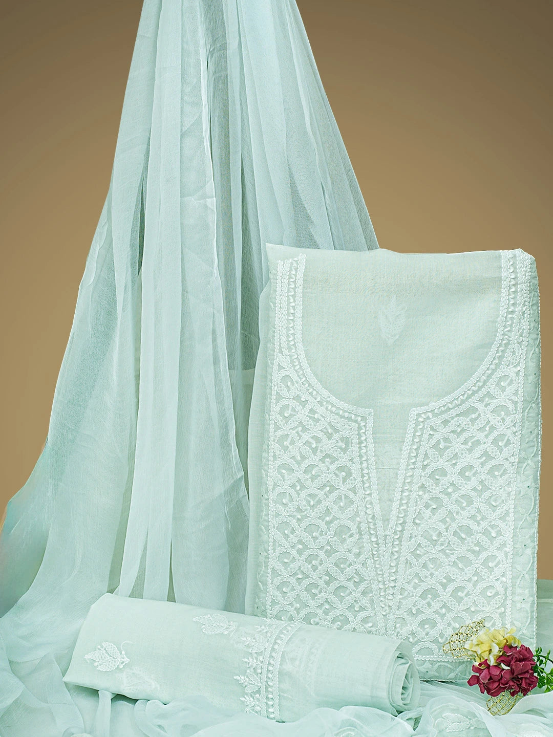 Ada Hand Embroidered Ice Blue Cotton Lucknowi Chikankari Unstitched Suit Piece 01A954327