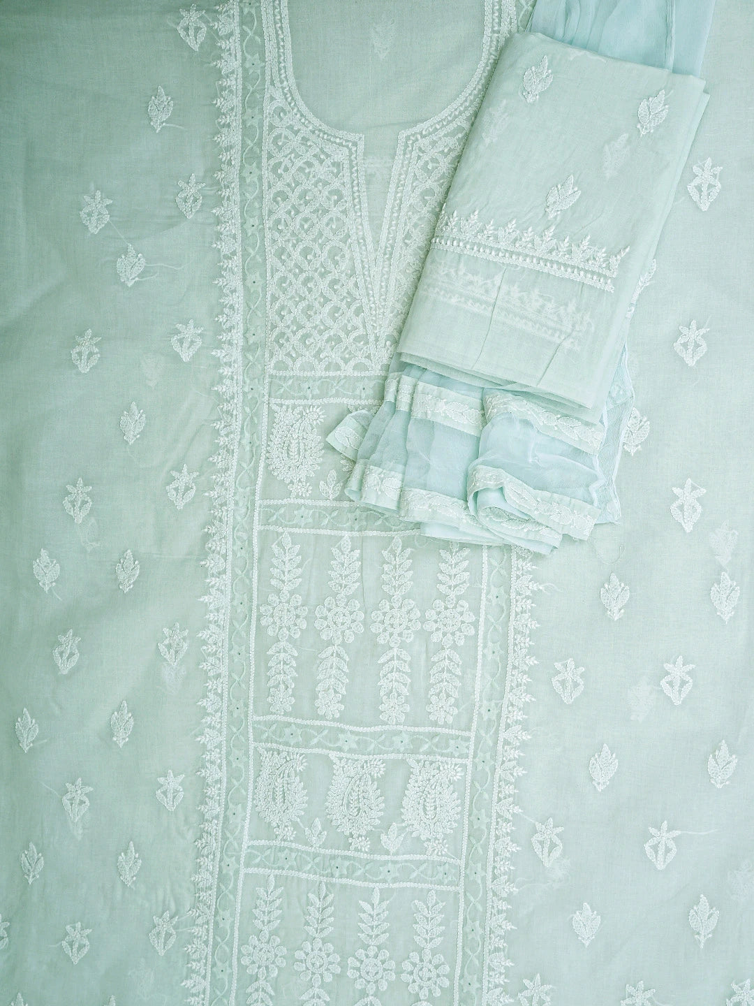 Ada Hand Embroidered Ice Blue Cotton Lucknowi Chikankari Unstitched Suit Piece 01A954327