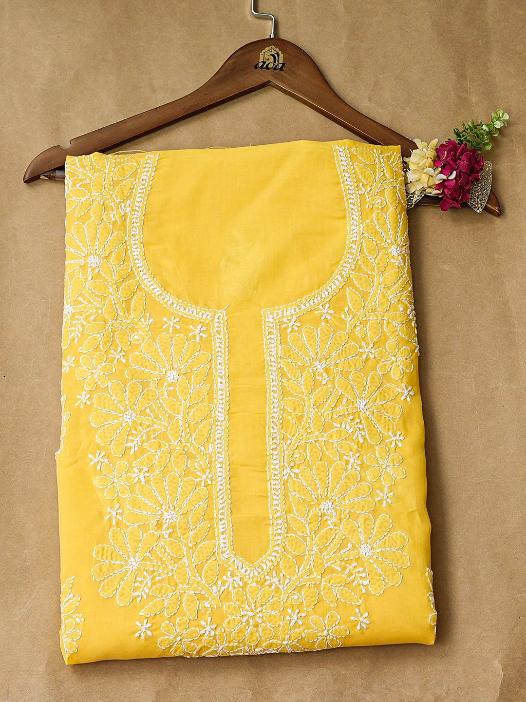 Ada Hand Embroidered Yellow Cotton Lucknowi Chikankari Unstitched Kurta 01A946557