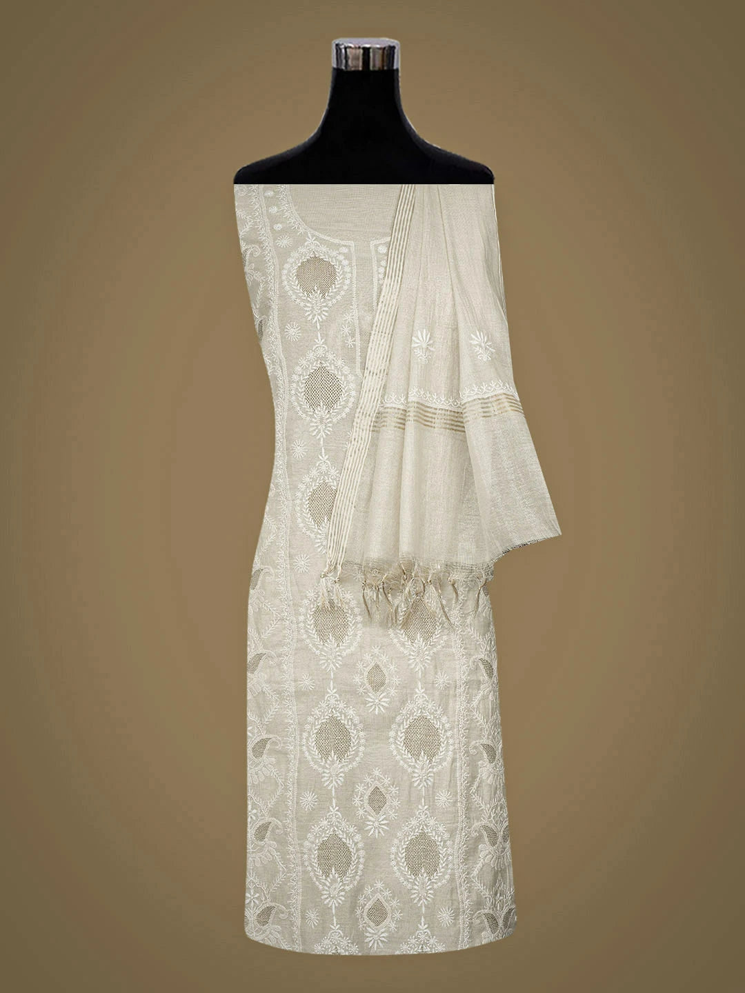 Ada Hand Embroidered Fawn Tissue Lucknowi Chikankari Unstitched Kurta Dupatta Set With Zari Taar Work 01A881140