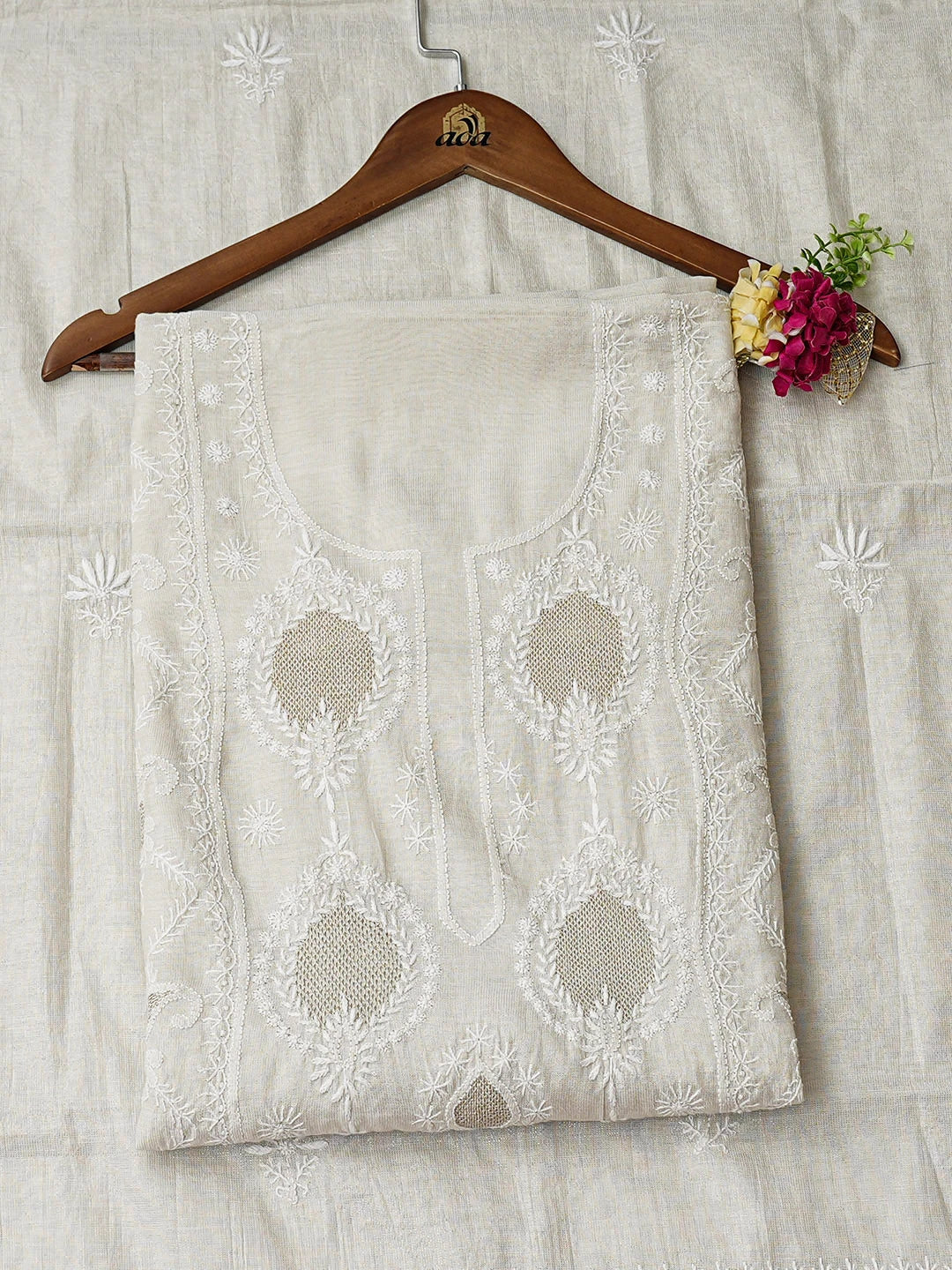 Ada Hand Embroidered Fawn Tissue Lucknowi Chikankari Unstitched Kurta Dupatta Set With Zari Taar Work 01A881140