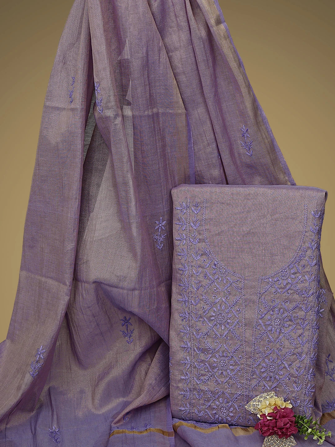 Ada Hand Embroidered Lavender Tissue Lucknowi Chikankari Unstitched Kurta Dupatta Set 01A946083
