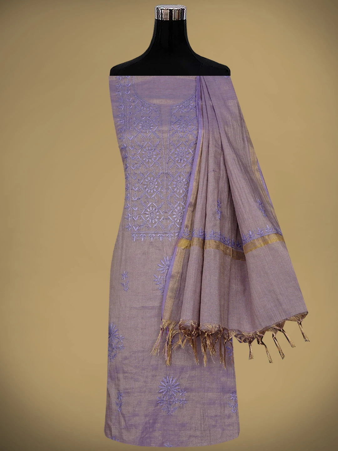 Ada Hand Embroidered Lavender Tissue Lucknowi Chikankari Unstitched Kurta Dupatta Set 01A946083