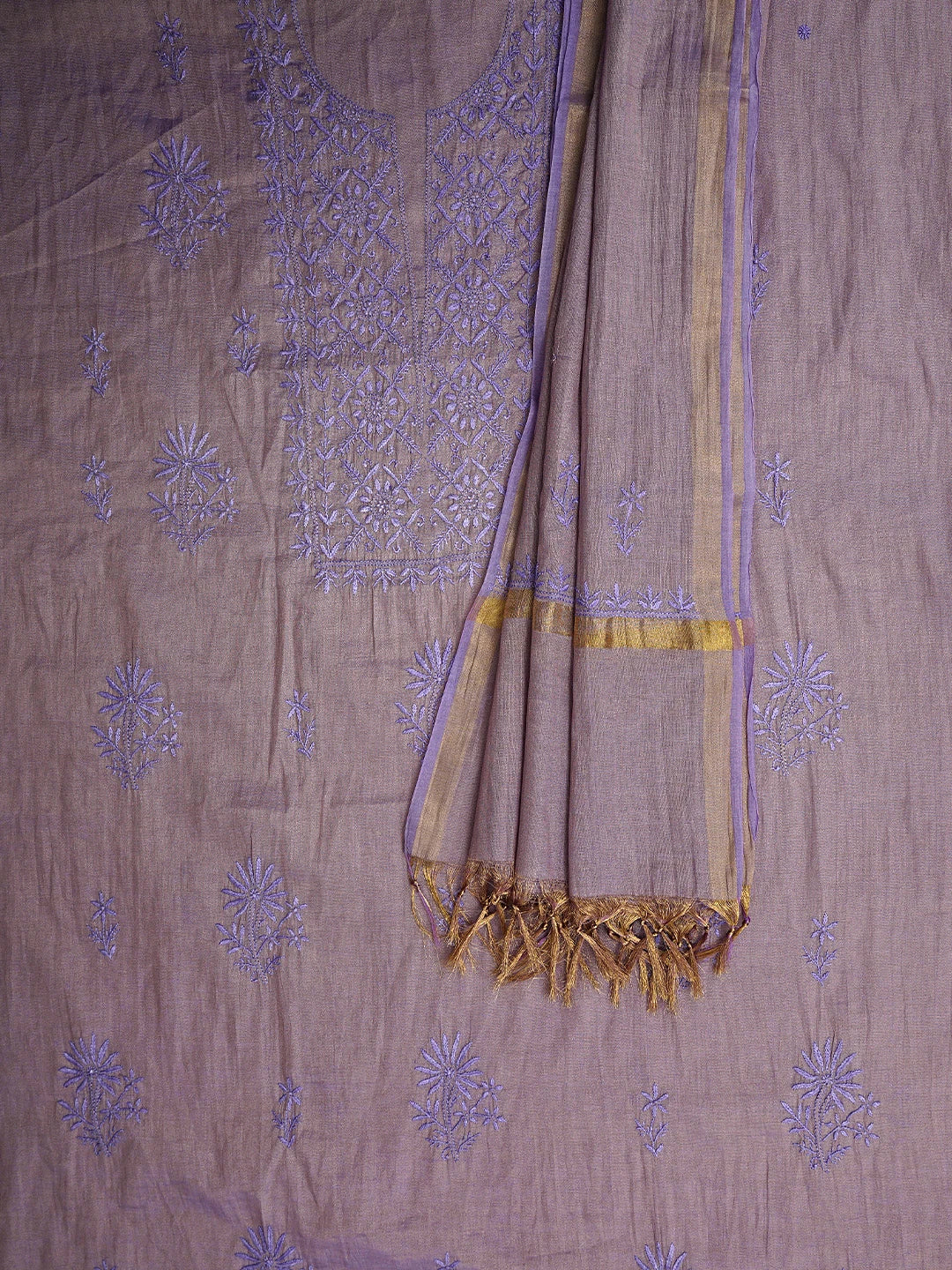 Ada Hand Embroidered Lavender Tissue Lucknowi Chikankari Unstitched Kurta Dupatta Set 01A946083