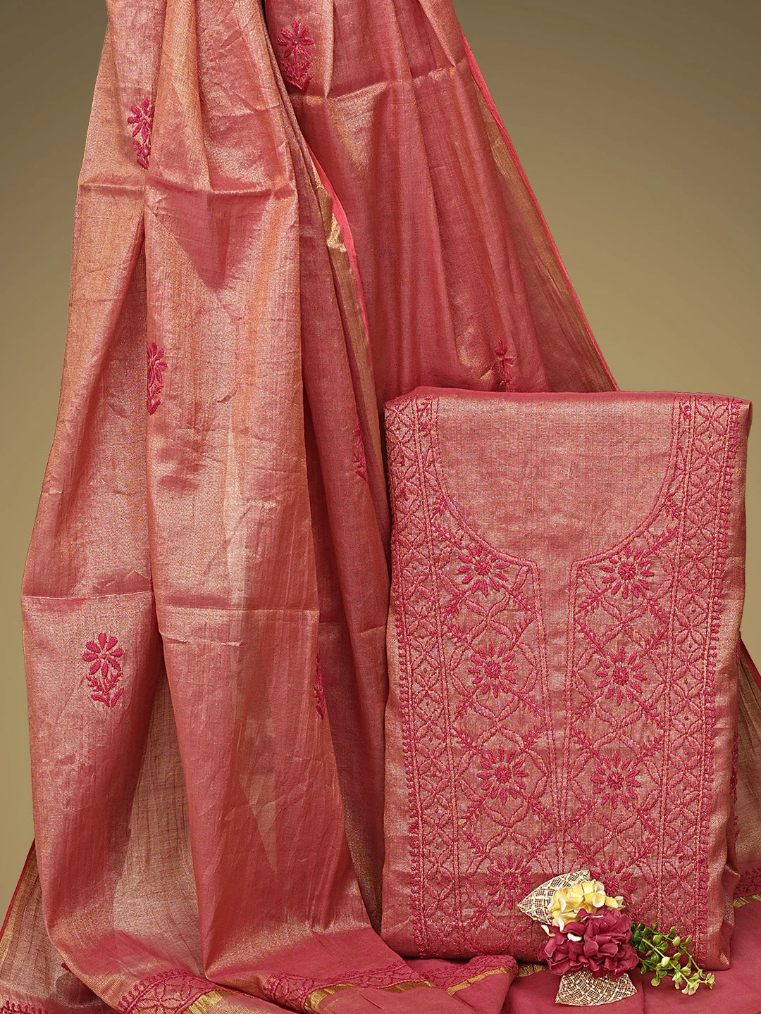 Ada Hand Embroidered Red Tissue Lucknowi Chikankari Unstitched Kurta Dupatta Set 01A946104