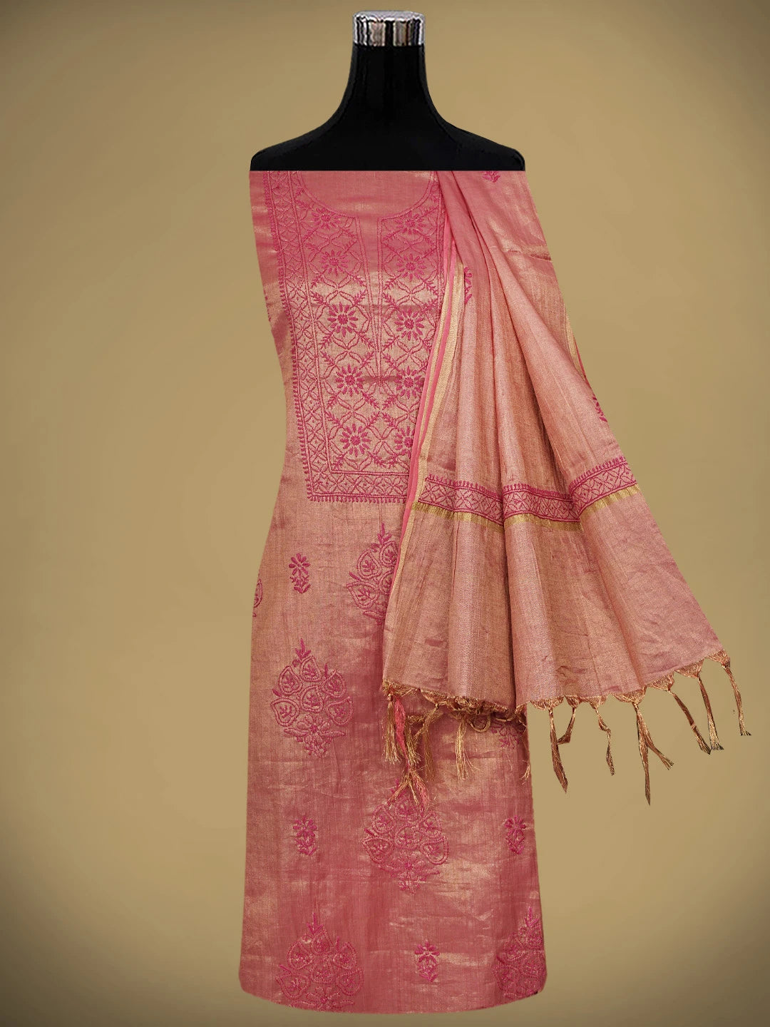 Ada Hand Embroidered Red Tissue Lucknowi Chikankari Unstitched Kurta Dupatta Set 01A946104