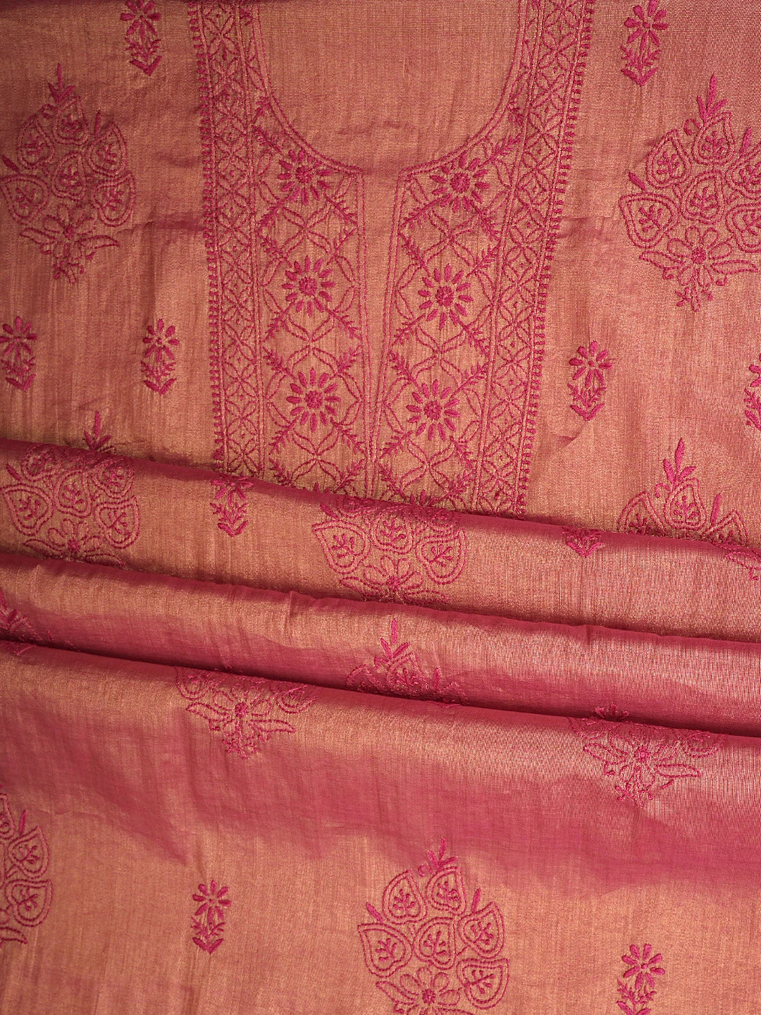Ada Hand Embroidered Red Tissue Lucknowi Chikankari Unstitched Kurta Dupatta Set 01A946104