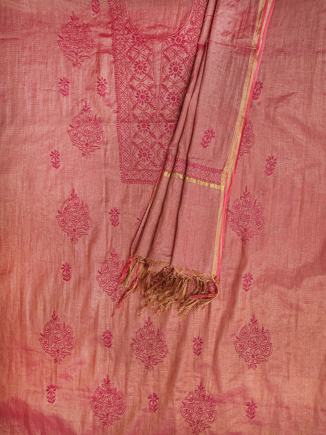 Ada Hand Embroidered Red Tissue Lucknowi Chikankari Unstitched Kurta Dupatta Set 01A946104