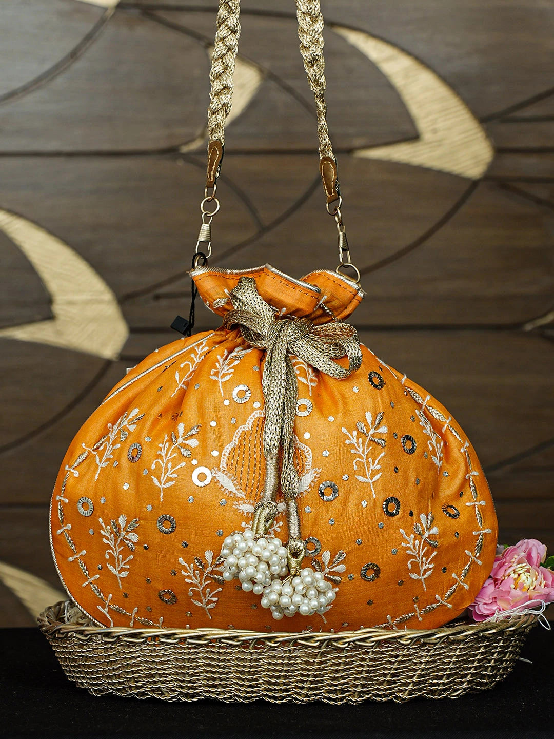 Ada Hand Embroidered Orange Silk Lucknowi Chikankari Potli Bag With Zari Work 01A939285