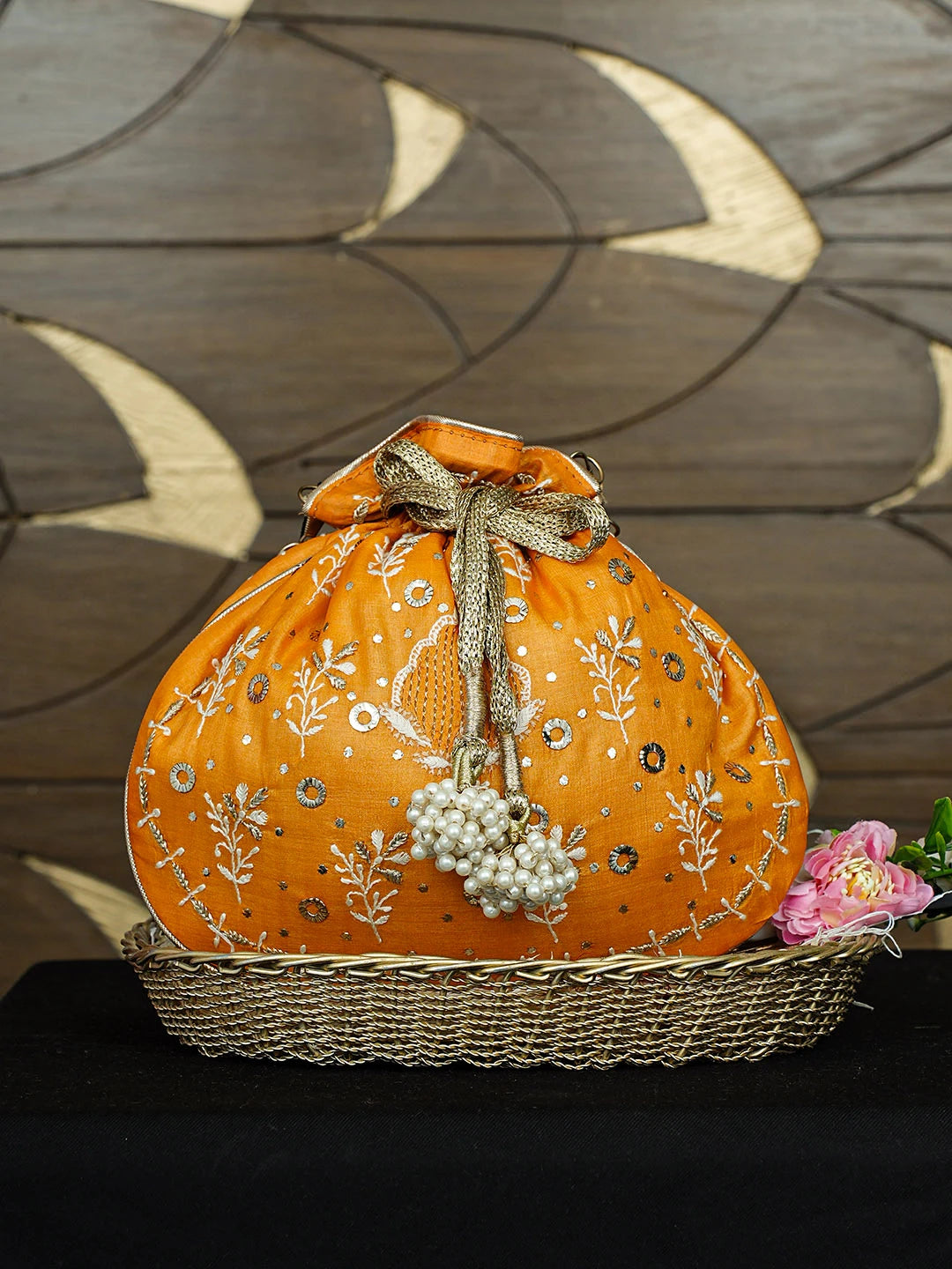 Ada Hand Embroidered Orange Silk Lucknowi Chikankari Potli Bag With Zari Work 01A939285