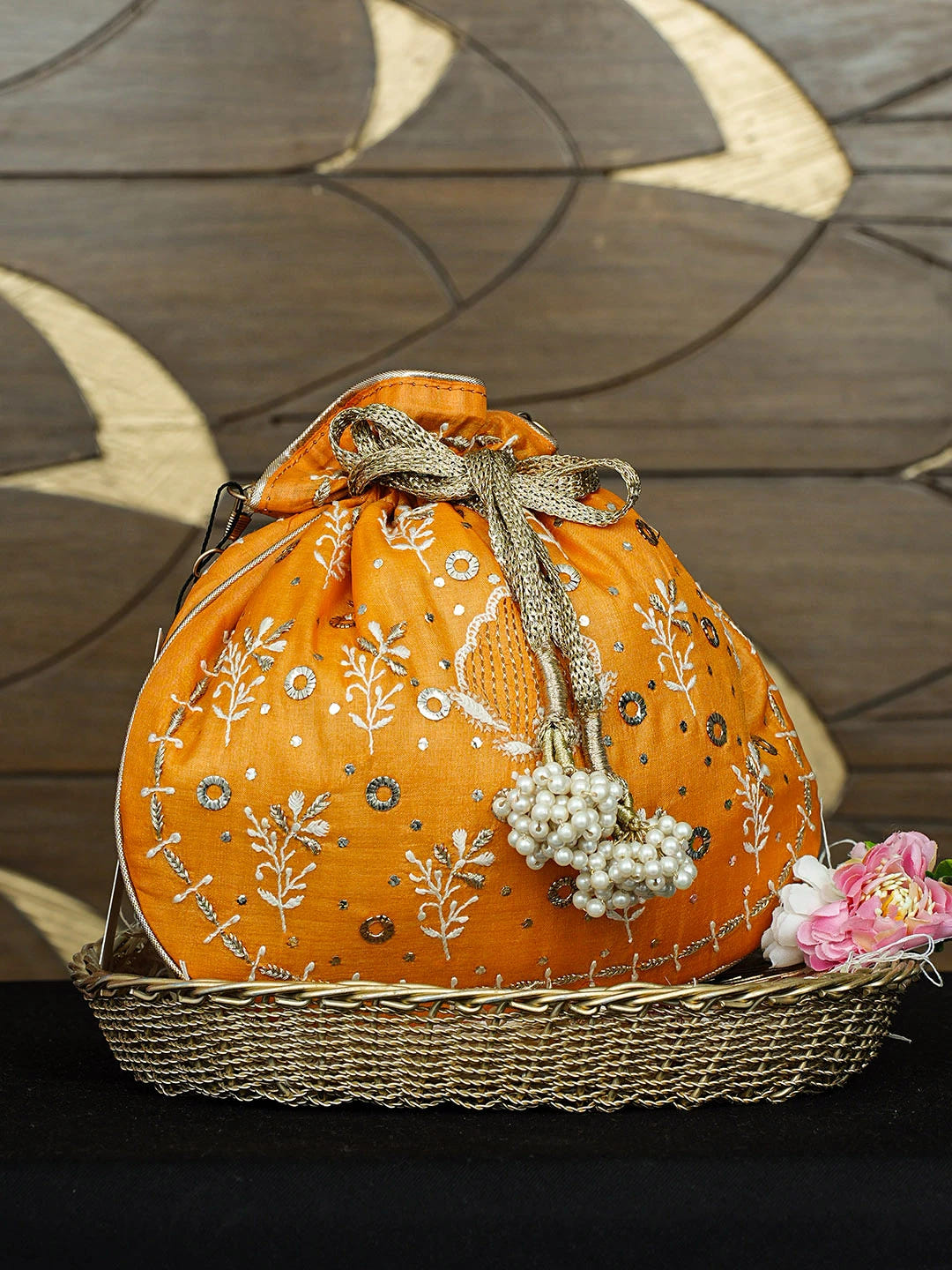 Ada Hand Embroidered Orange Silk Lucknowi Chikankari Potli Bag With Zari Work 01A939285