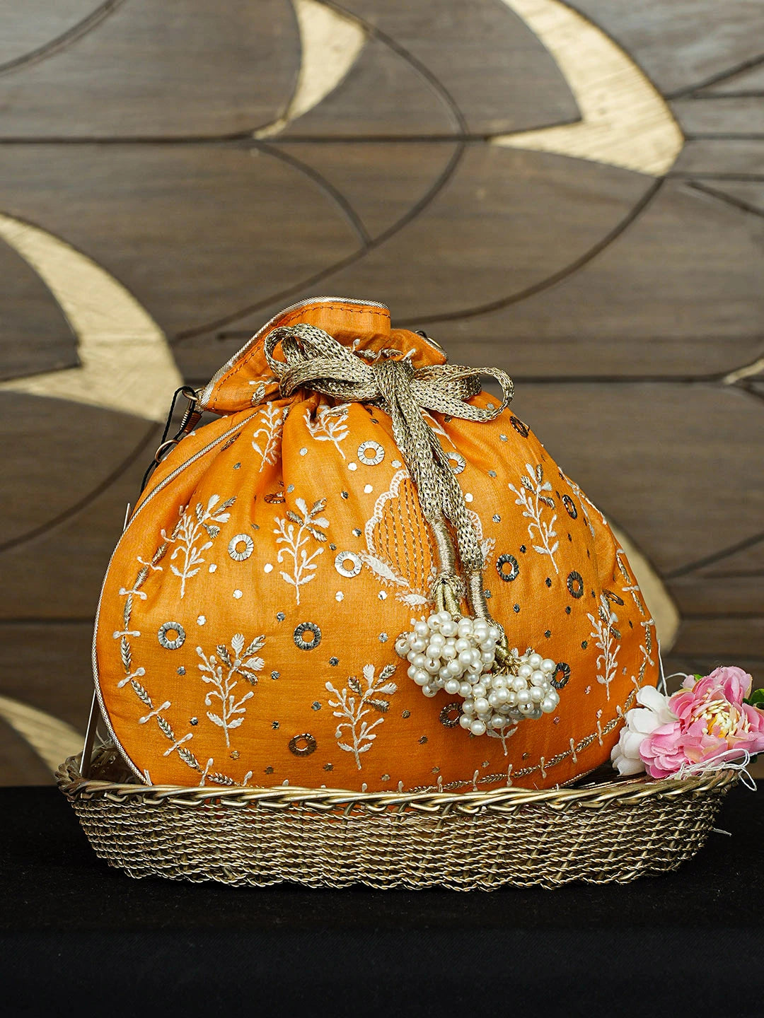 Ada Hand Embroidered Orange Silk Lucknowi Chikankari Potli Bag With Zari Work 01A939285