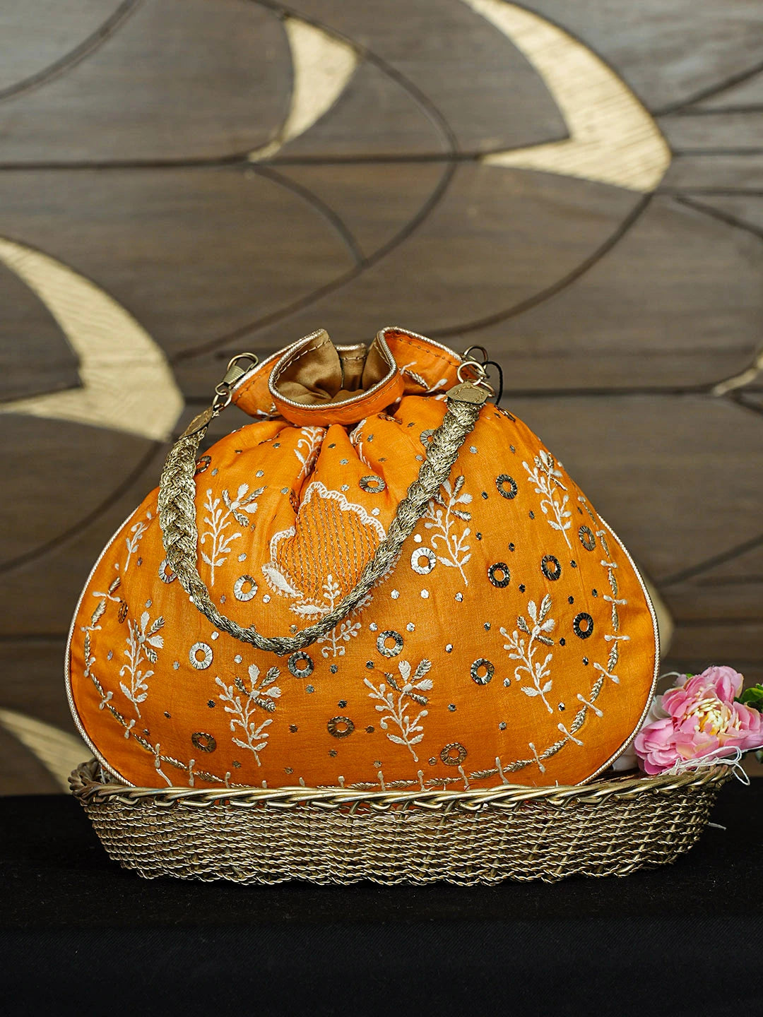 Ada Hand Embroidered Orange Silk Lucknowi Chikankari Potli Bag With Zari Work 01A939285