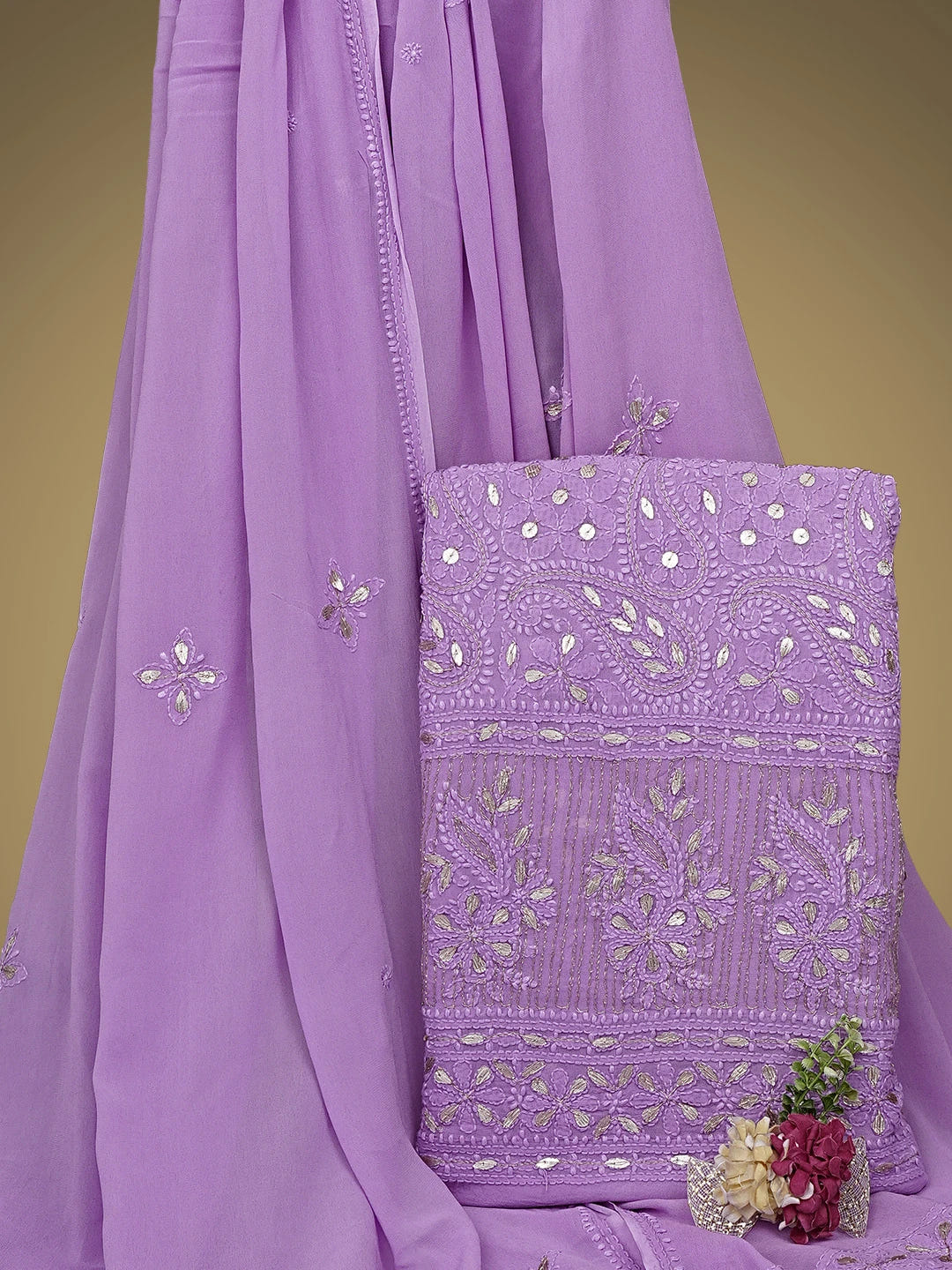 Ada Hand Embroidered Mauve Viscose Georgette Lucknowi Chikankari Unstitched Kurta Dupatta Set With Zari Work 01A944708