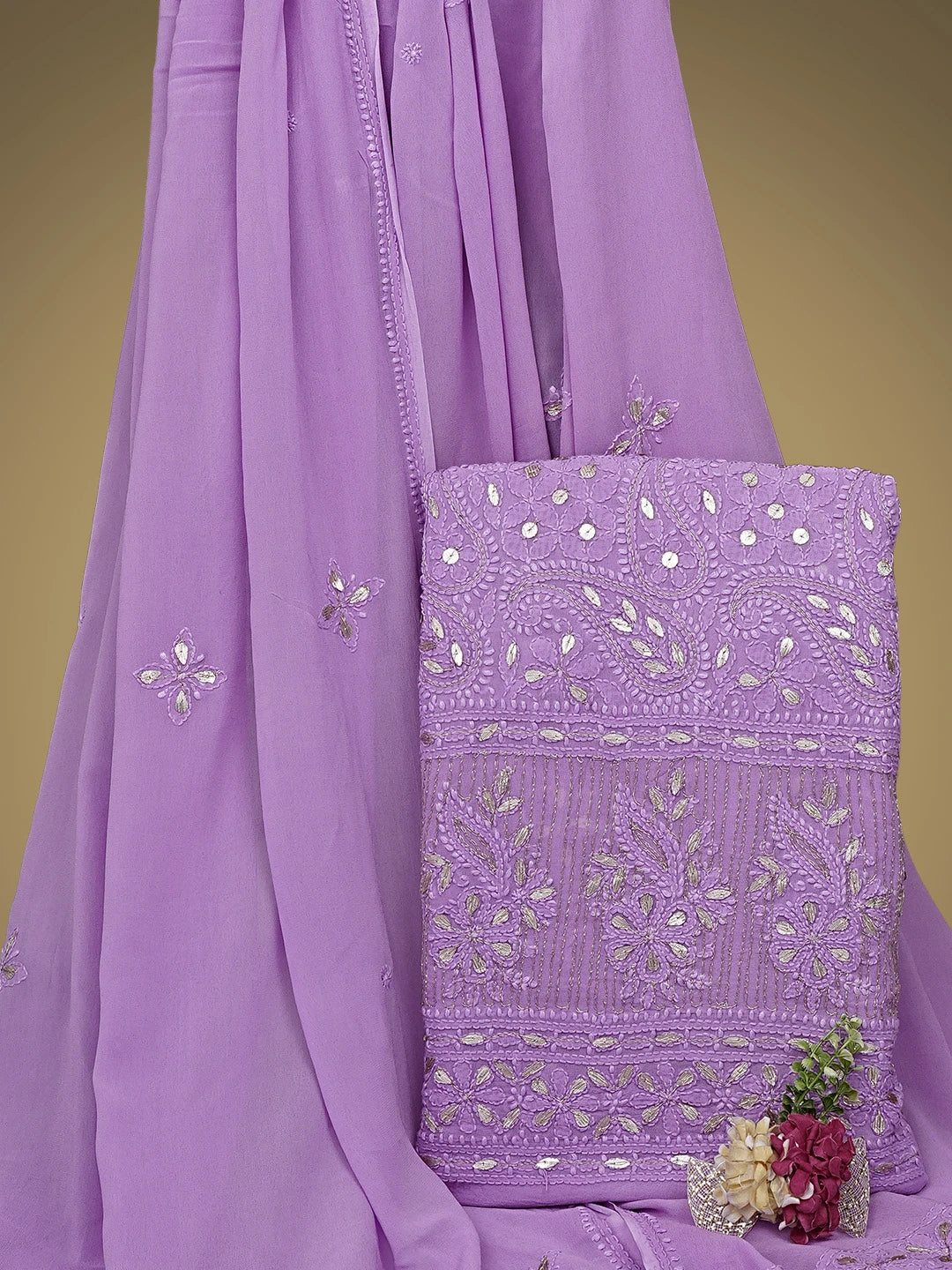 Ada Hand Embroidered Mauve Viscose Georgette Lucknowi Chikankari Unstitched Kurta Dupatta Set With Zari Work 01A944708