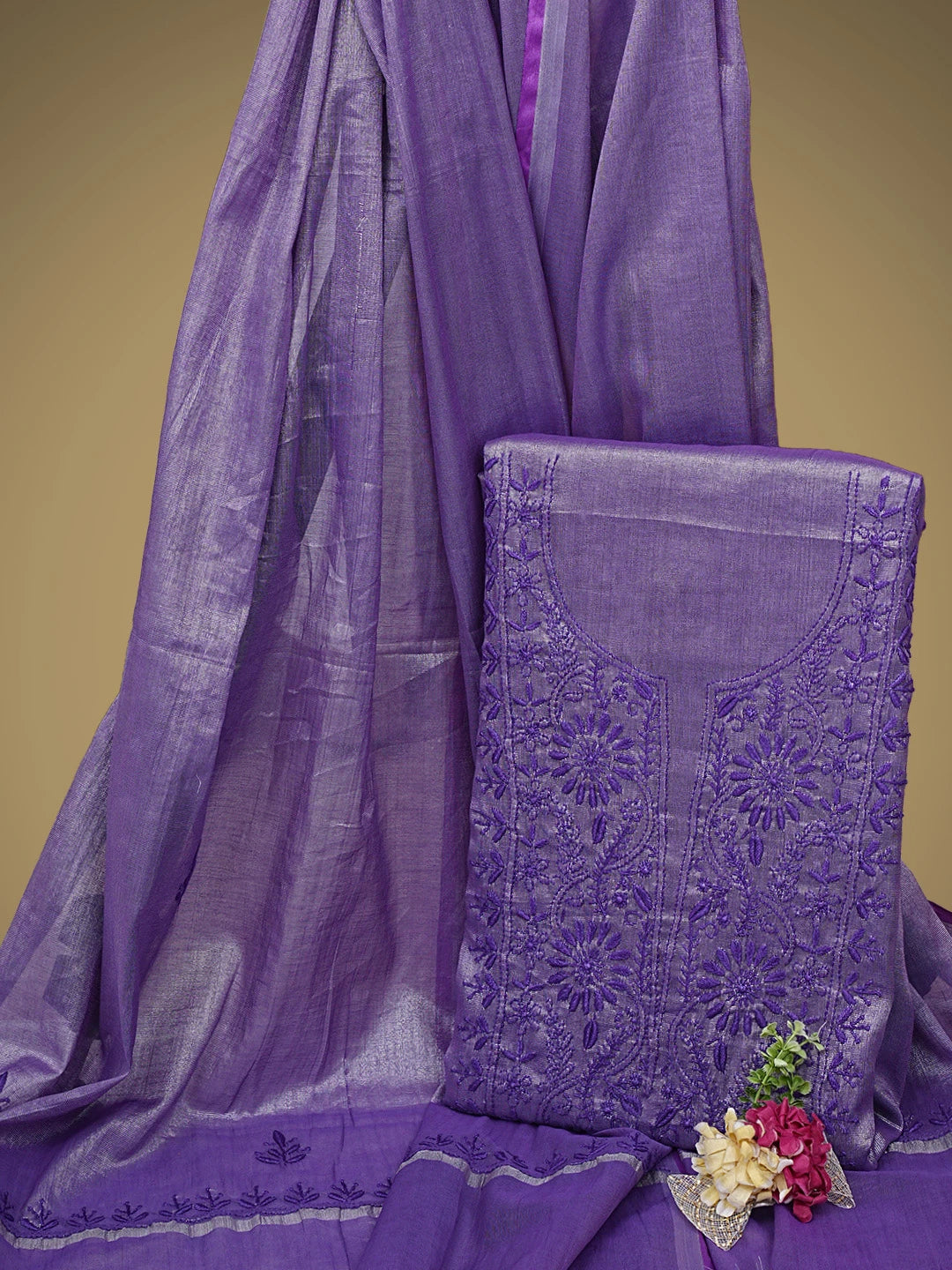 Ada Hand Embroidered Purple Tissue Lucknowi Chikankari Unstitched Kurta Dupatta Set 01A946079