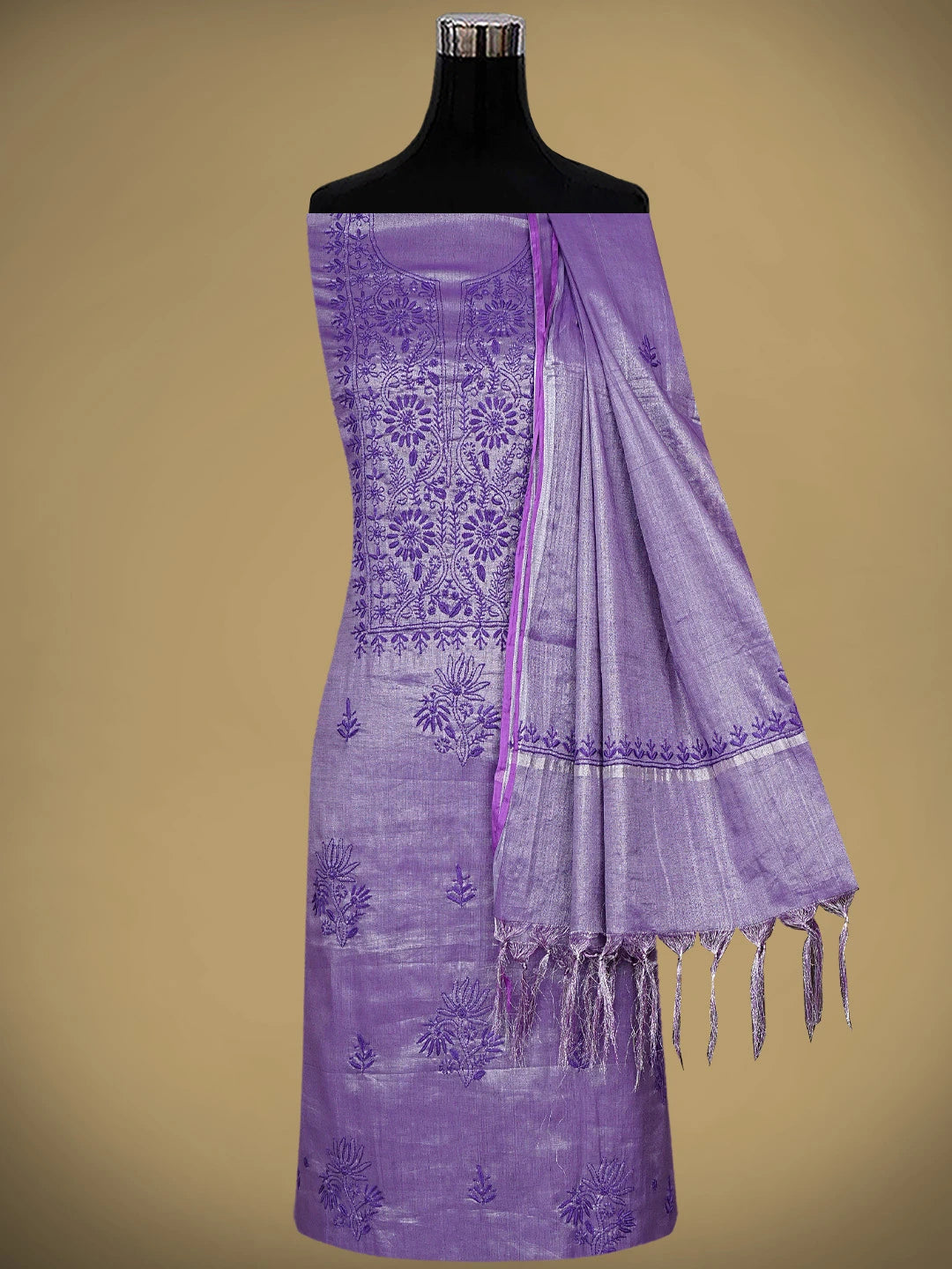 Ada Hand Embroidered Purple Tissue Lucknowi Chikankari Unstitched Kurta Dupatta Set 01A946079