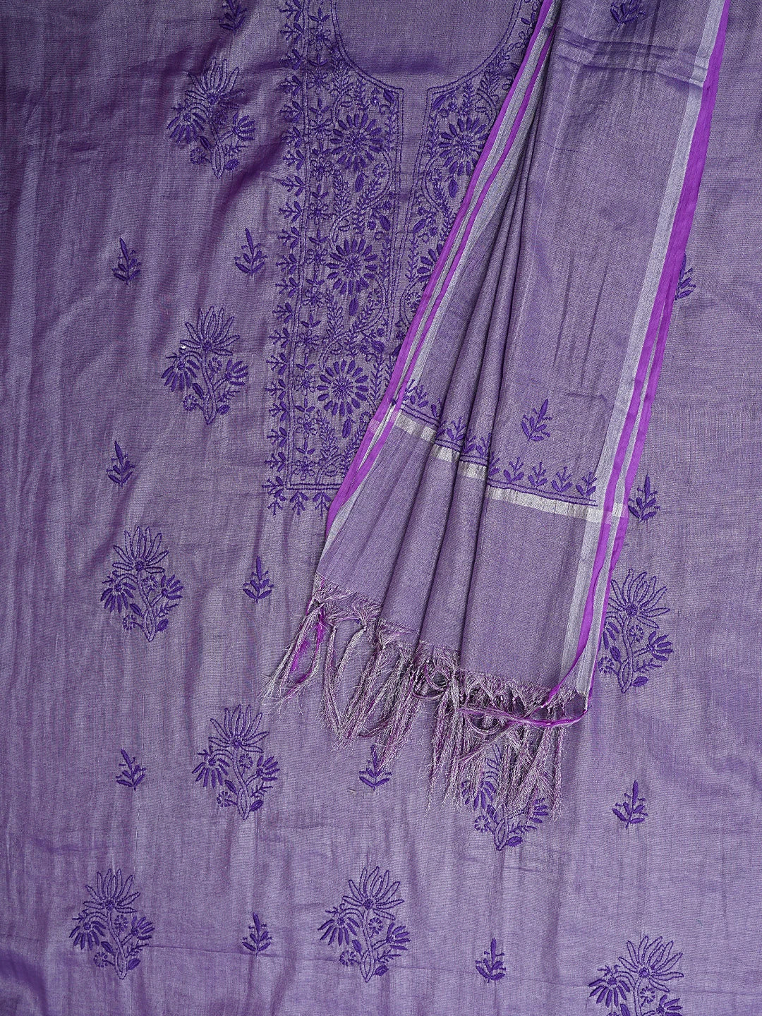 Ada Hand Embroidered Purple Tissue Lucknowi Chikankari Unstitched Kurta Dupatta Set 01A946079