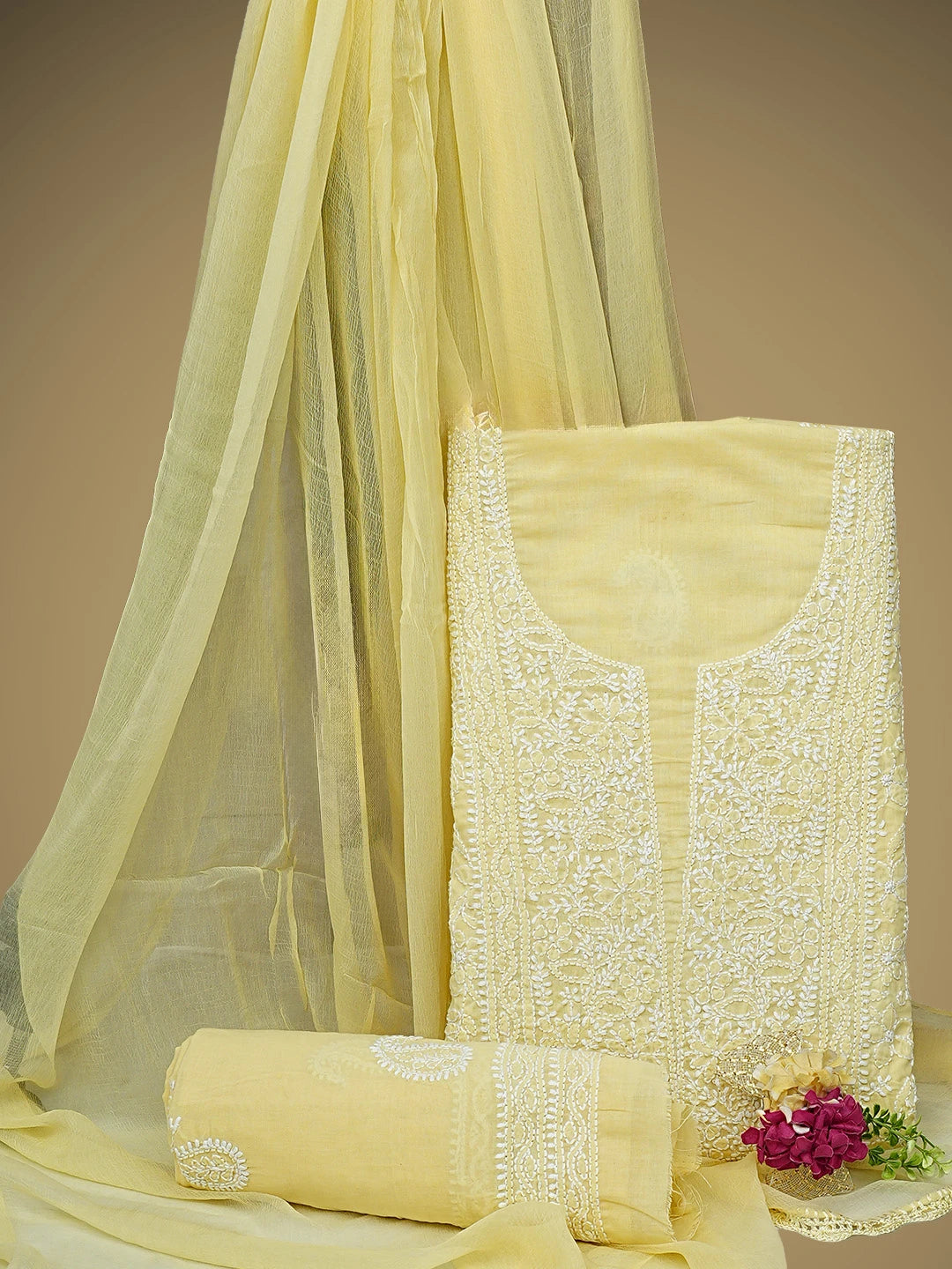 Ada Hand Embroidered Yellow Cotton Lucknowi Chikankari Unstitched Suit Piece 01A782872