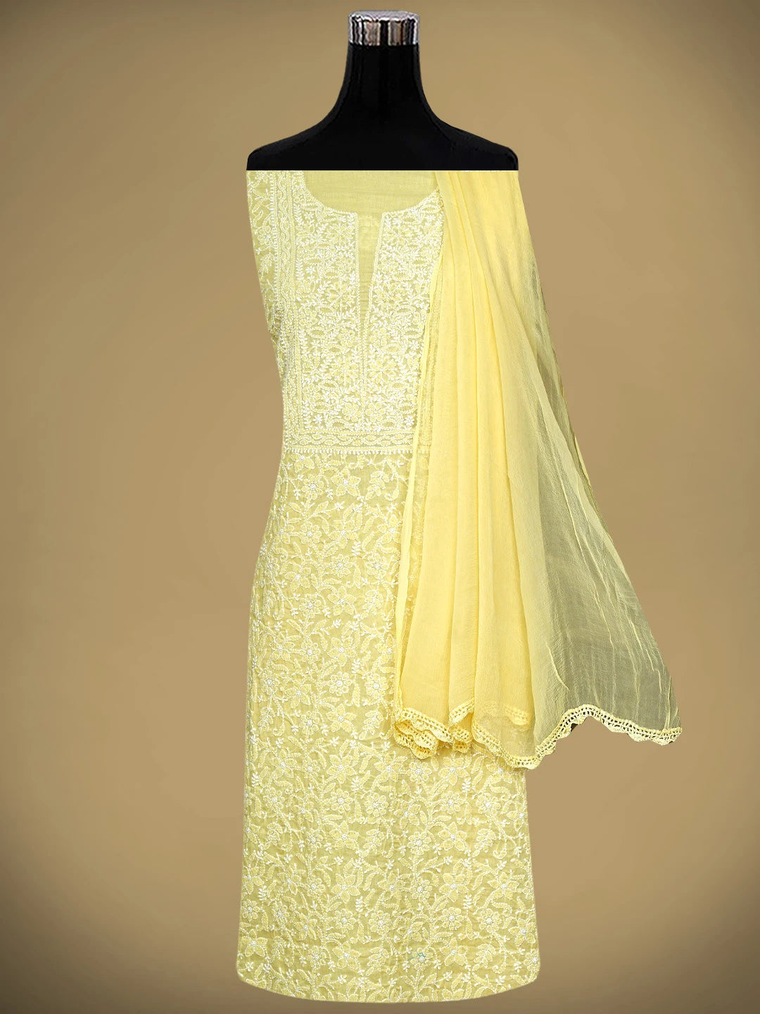 Ada Hand Embroidered Yellow Cotton Lucknowi Chikankari Unstitched Suit Piece 01A782872
