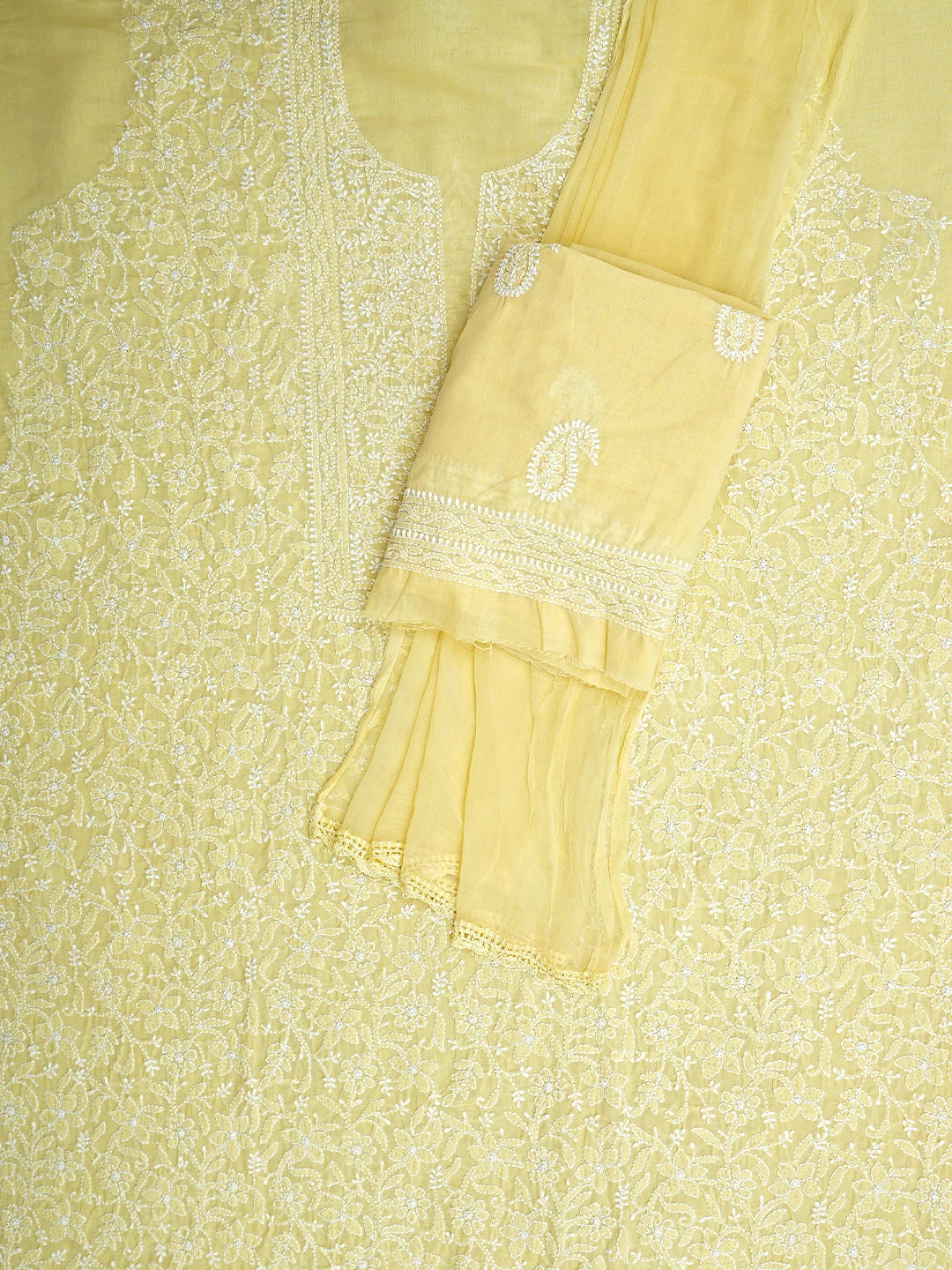 Ada Hand Embroidered Yellow Cotton Lucknowi Chikankari Unstitched Suit Piece 01A782872