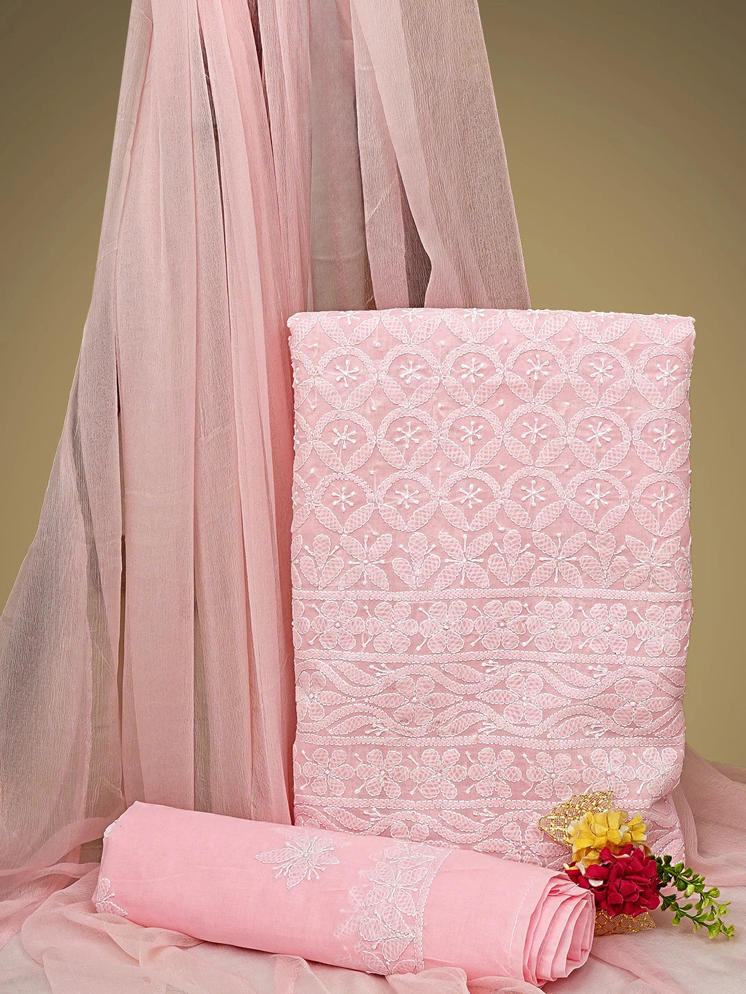 Ada Hand Embroidered Pink Cotton Lucknowi Chikankari Unstitched Suit Piece 01A954419