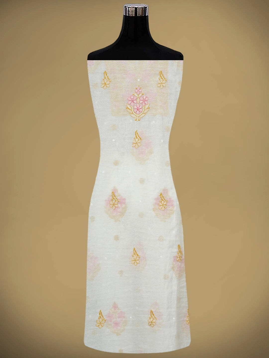 Ada Hand Embroidered White Old Lace Chanderi Lucknowi Chikankari Unstitched Kurta Dupatta Set With Cutdana Work 01A952125