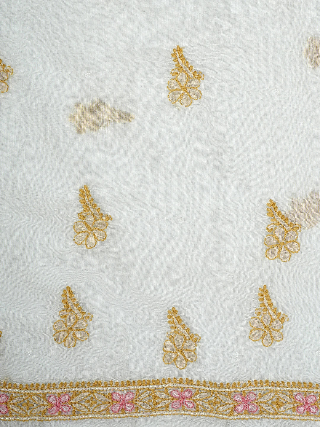 Ada Hand Embroidered White Old Lace Chanderi Lucknowi Chikankari Unstitched Kurta Dupatta Set With Cutdana Work 01A952125