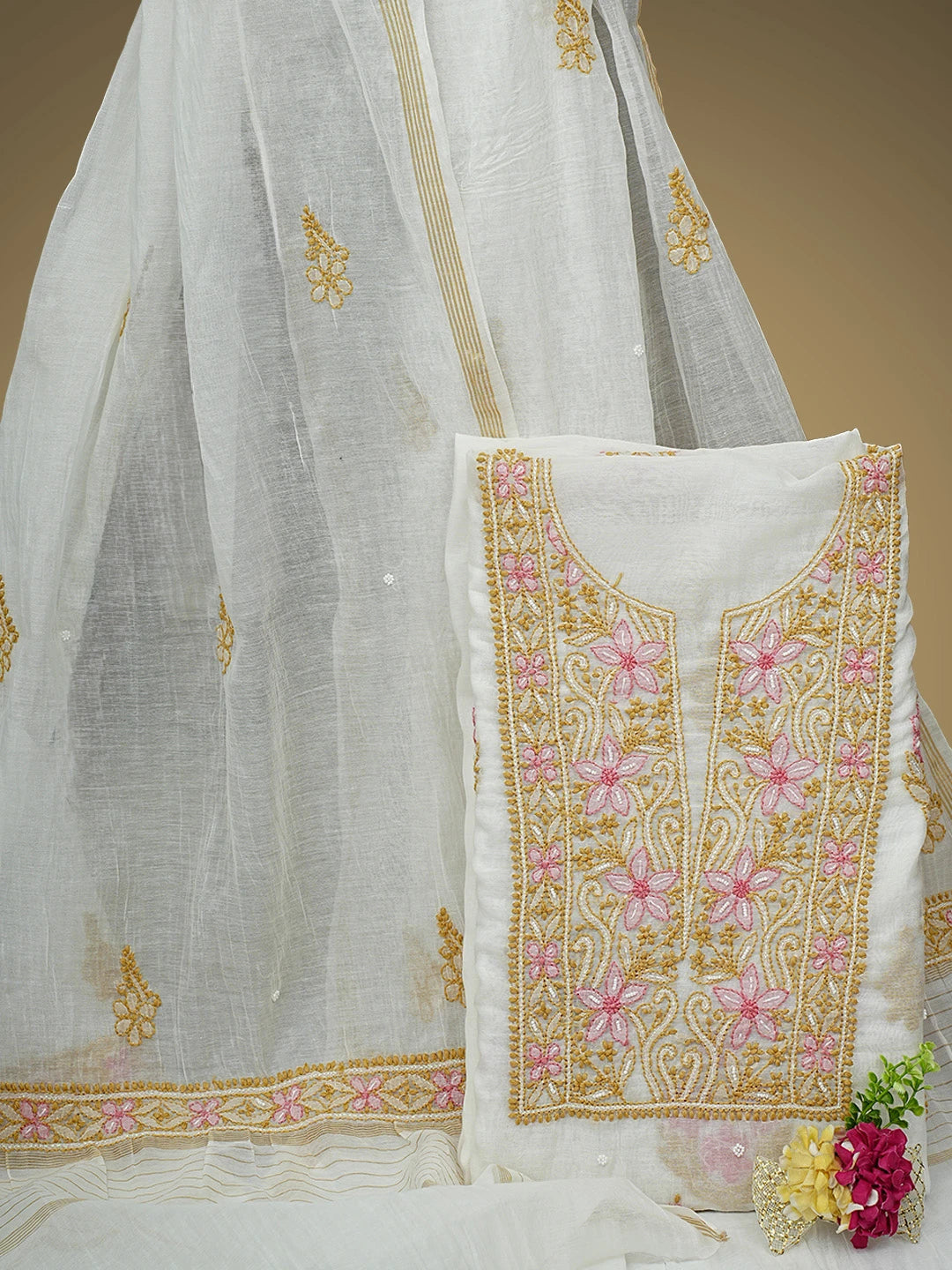 Ada Hand Embroidered White Old Lace Chanderi Lucknowi Chikankari Unstitched Kurta Dupatta Set With Cutdana Work 01A952125