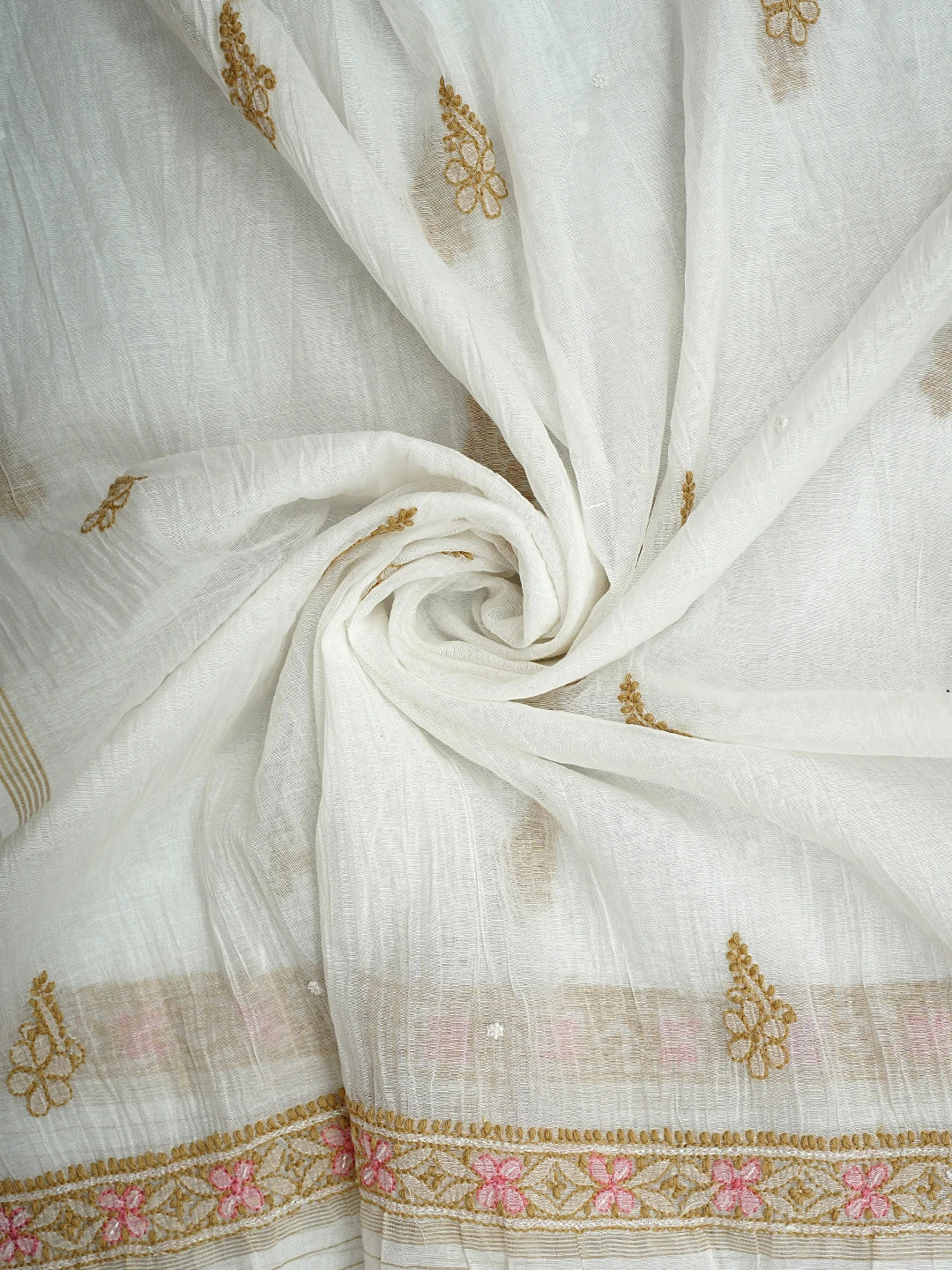 Ada Hand Embroidered White Old Lace Chanderi Lucknowi Chikankari Unstitched Kurta Dupatta Set With Cutdana Work 01A952125