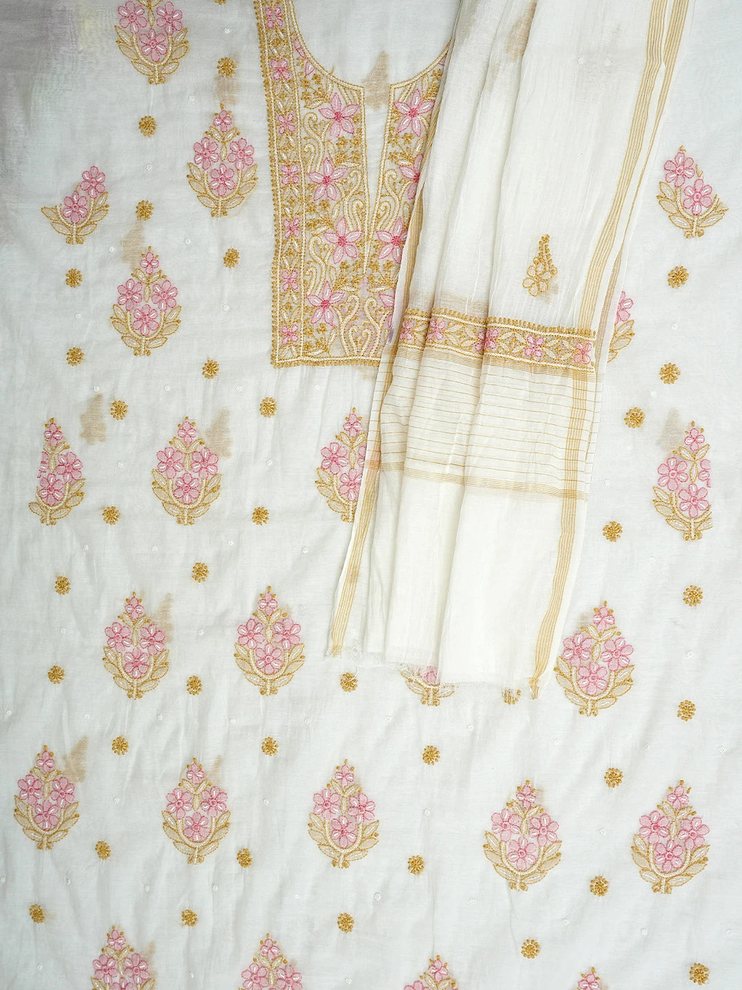 Ada Hand Embroidered White Old Lace Chanderi Lucknowi Chikankari Unstitched Kurta Dupatta Set With Cutdana Work 01A952125
