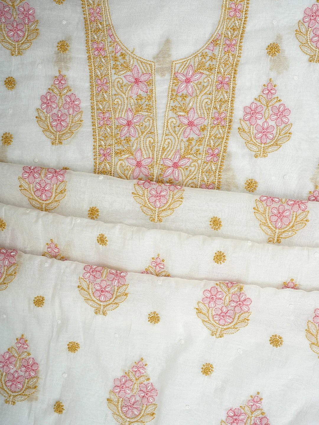 Ada Hand Embroidered White Old Lace Chanderi Lucknowi Chikankari Unstitched Kurta Dupatta Set With Cutdana Work 01A952125