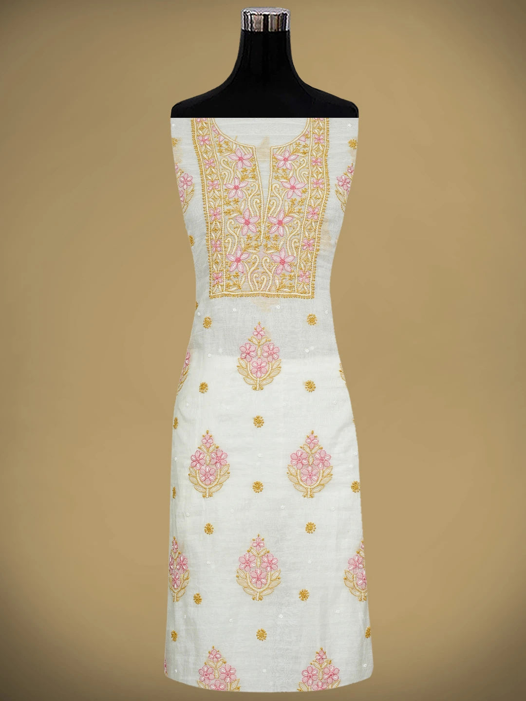 Ada Hand Embroidered White Old Lace Chanderi Lucknowi Chikankari Unstitched Kurta Dupatta Set With Cutdana Work 01A952125