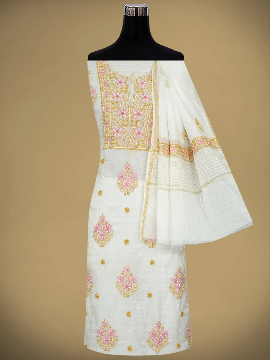 Ada Hand Embroidered White Old Lace Chanderi Lucknowi Chikankari Unstitched Kurta Dupatta Set With Cutdana Work 01A952125