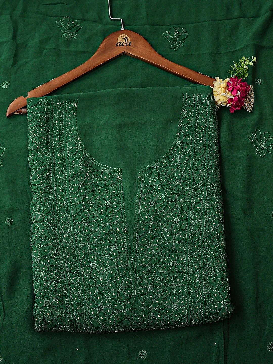 Ada Hand Embroidere Teal Green Viscose Georgette Lucknowi Chikankari Unstitched Kurta Dupatta Set With Muqaish/Mukaish Work 01A933363