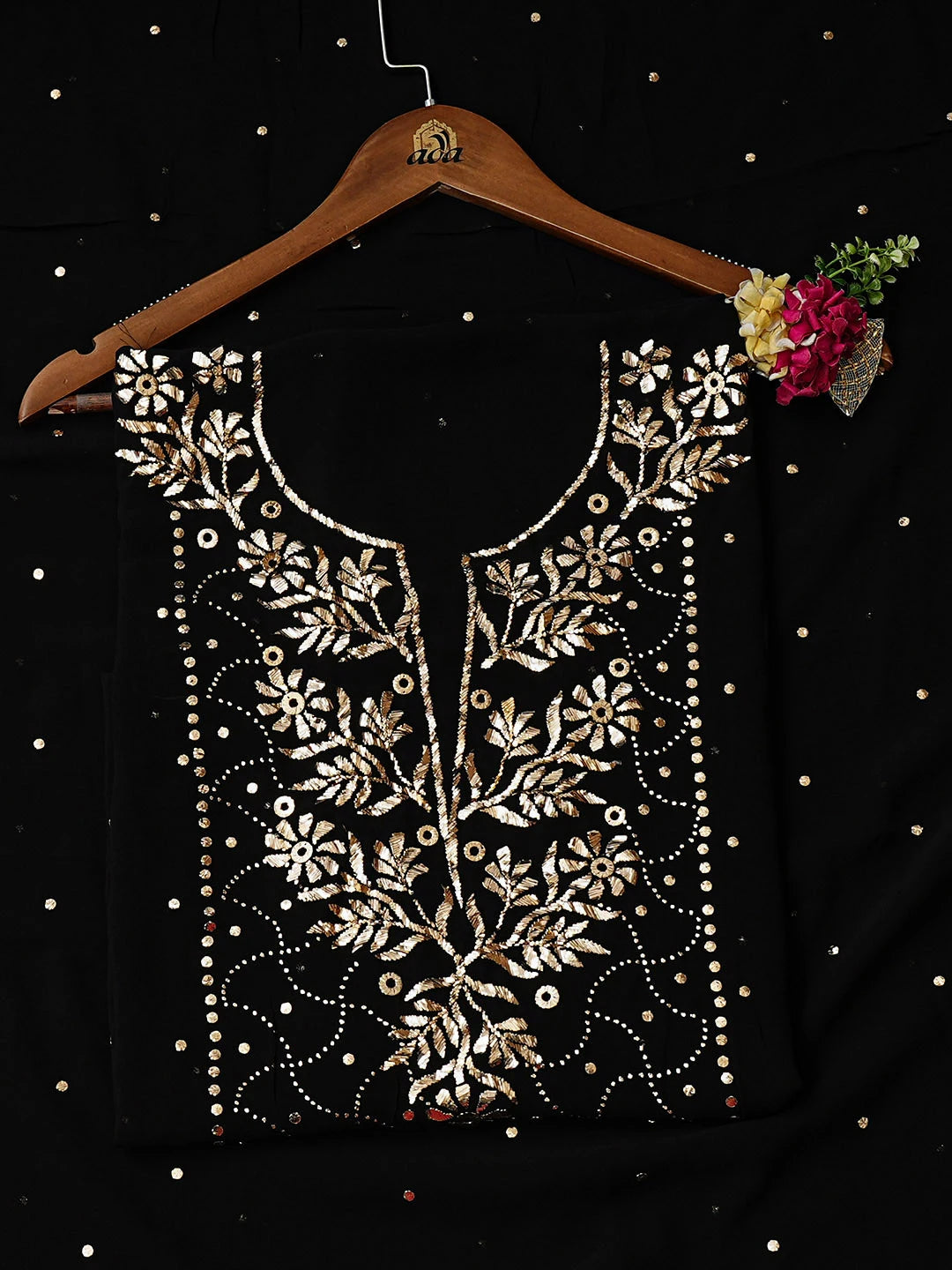 Ada Hand Embroidere Black Viscose Georgette Unstitched Kurta Dupatta Set With Muqaish/Mukaish Work 01A923202